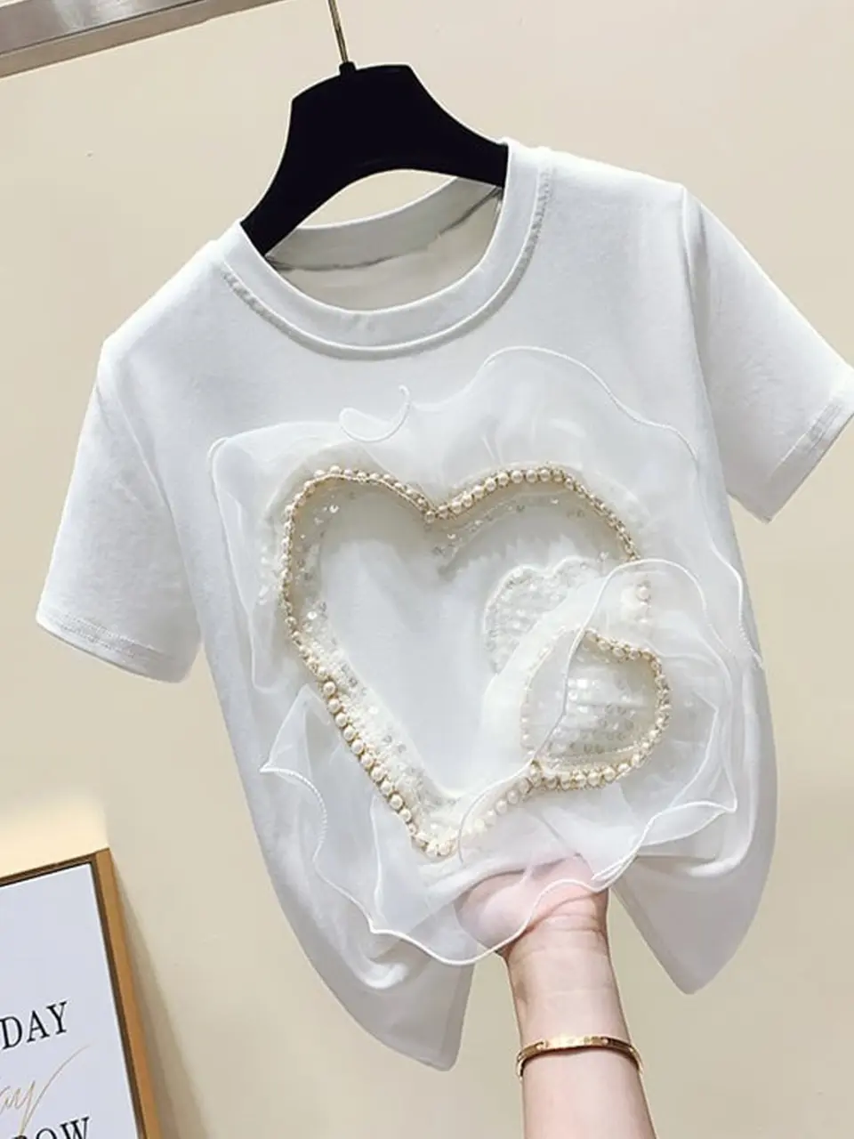 Women's White 3D Beaded Heart Appliqué T-Shirt