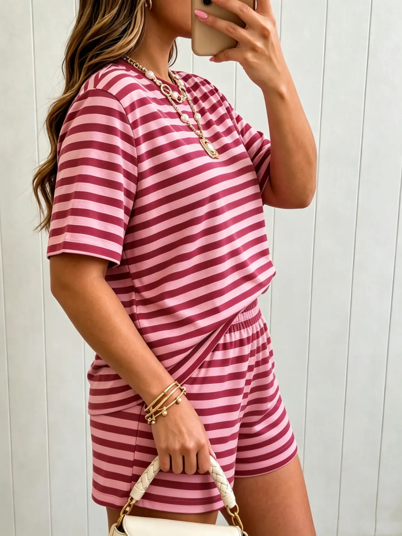 Model wearing red and pink striped T-shirt and shorts set
