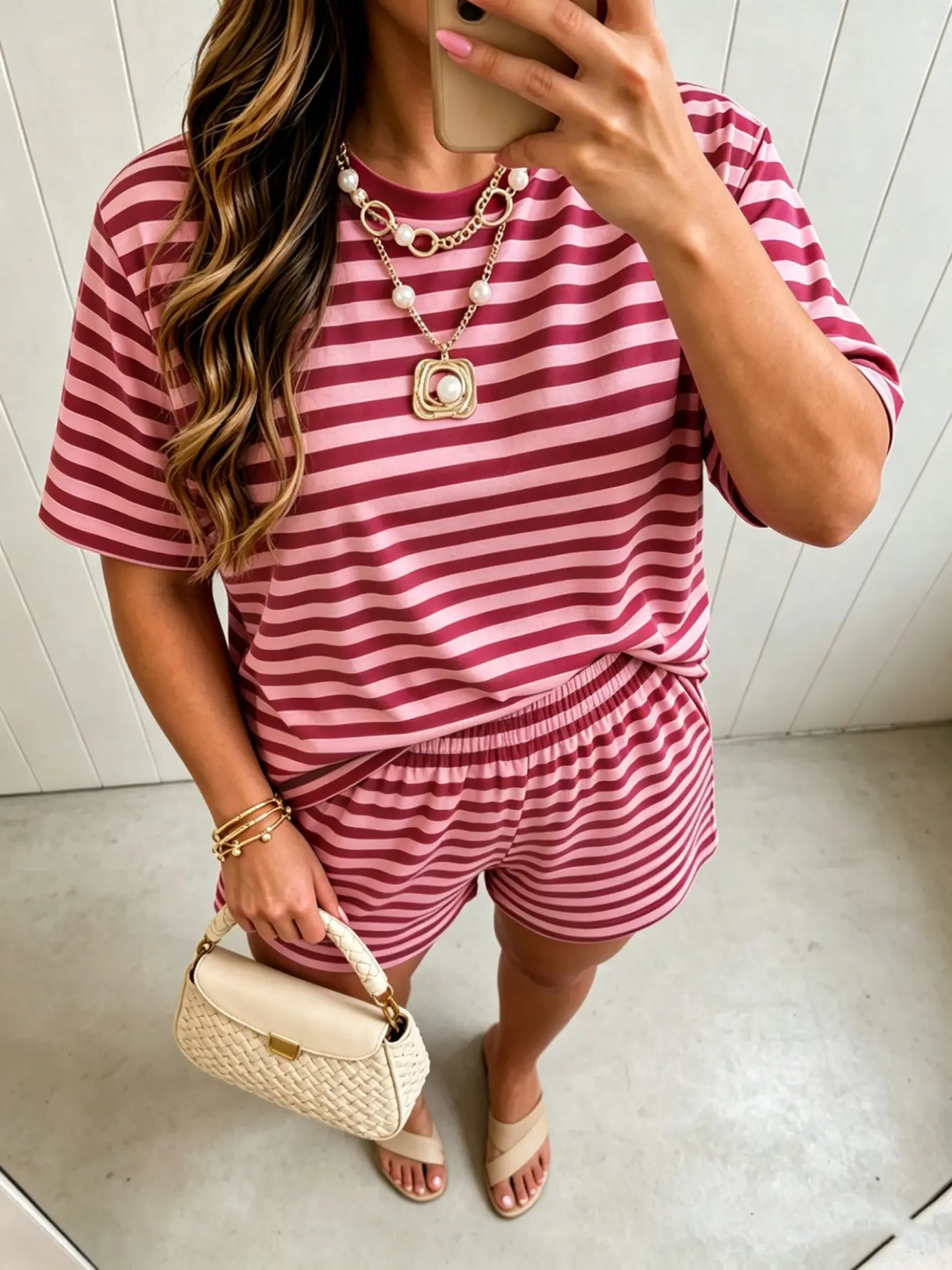 Model wearing red and pink striped T-shirt and shorts set