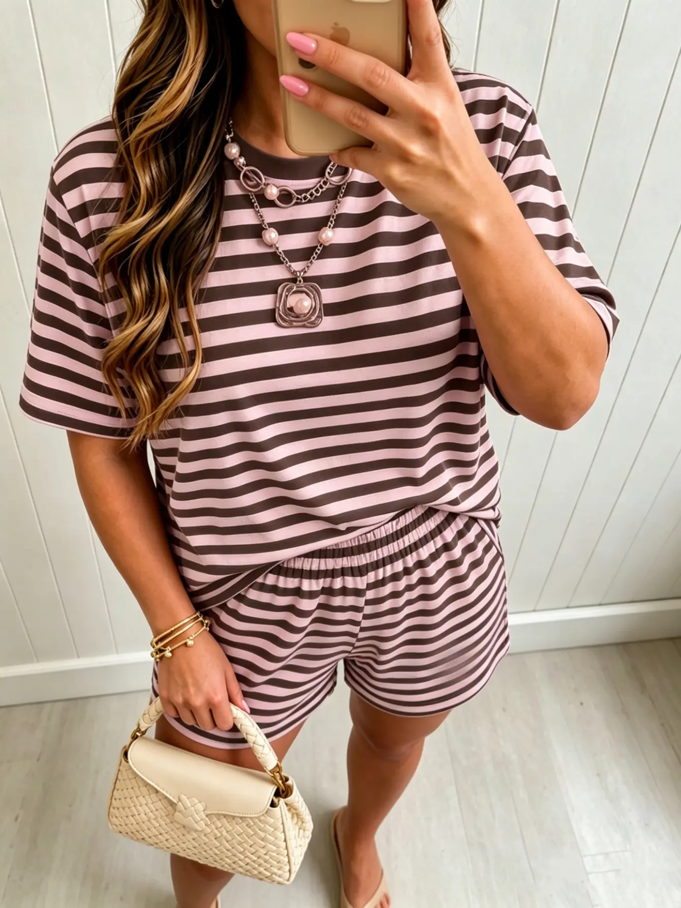 Model wearing pink and brown striped T-shirt and shorts set