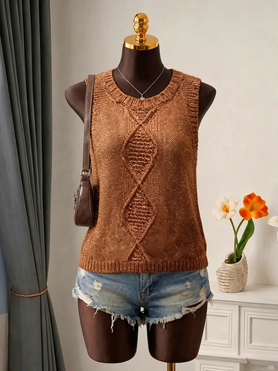 Women's Asymmetrical Hem Open-Knit Sleeveless Vest