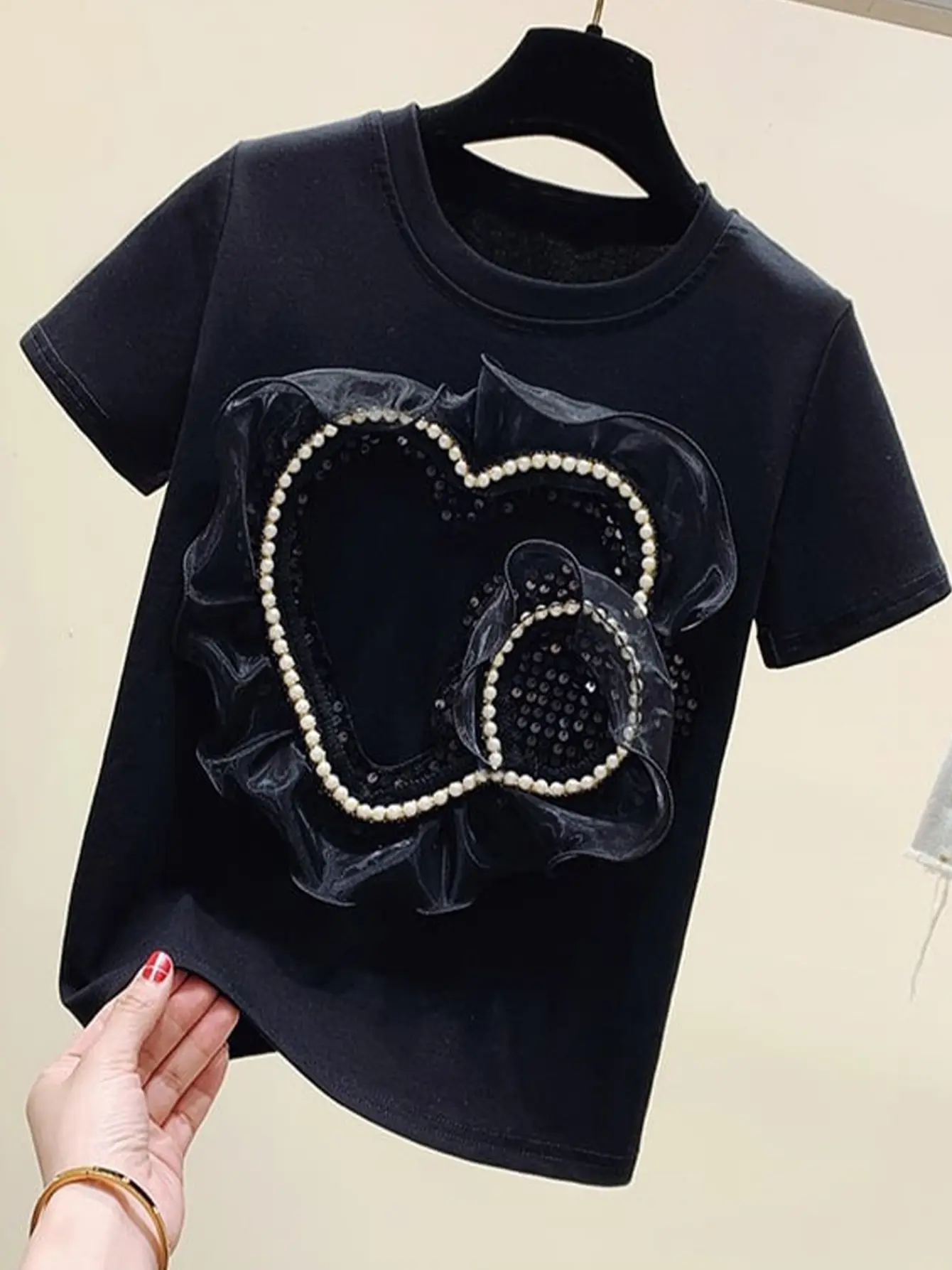Women’s Black 3D Beaded Heart Appliqué T-Shirt gallery view