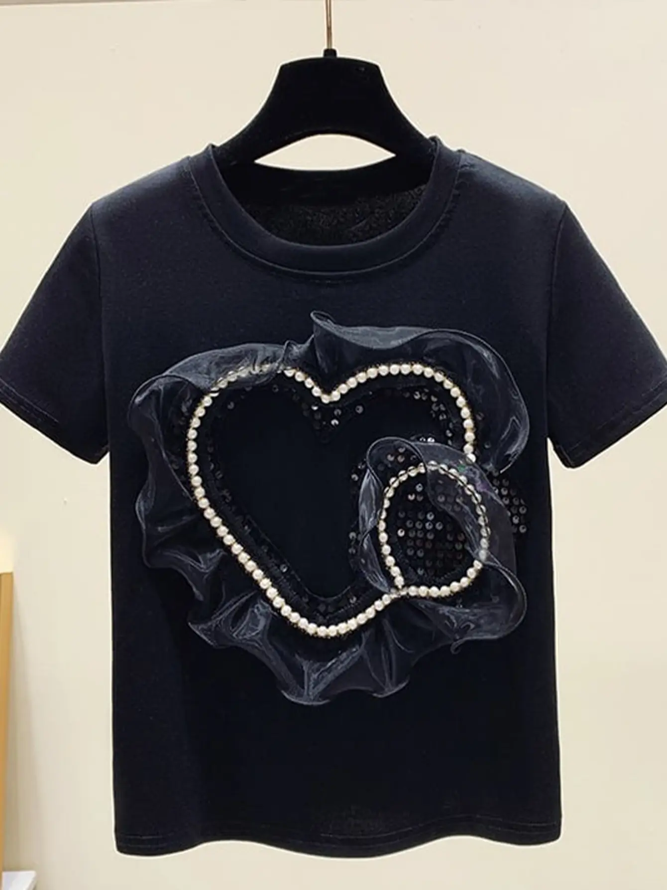 Women’s Black 3D Beaded Heart Appliqué T-Shirt gallery view
