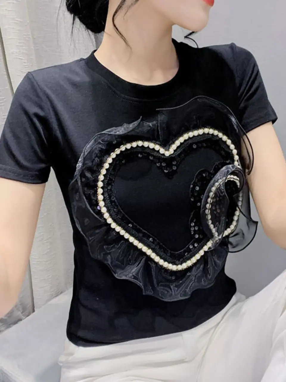 Women's Black 3D Beaded Heart Appliqué T-Shirt