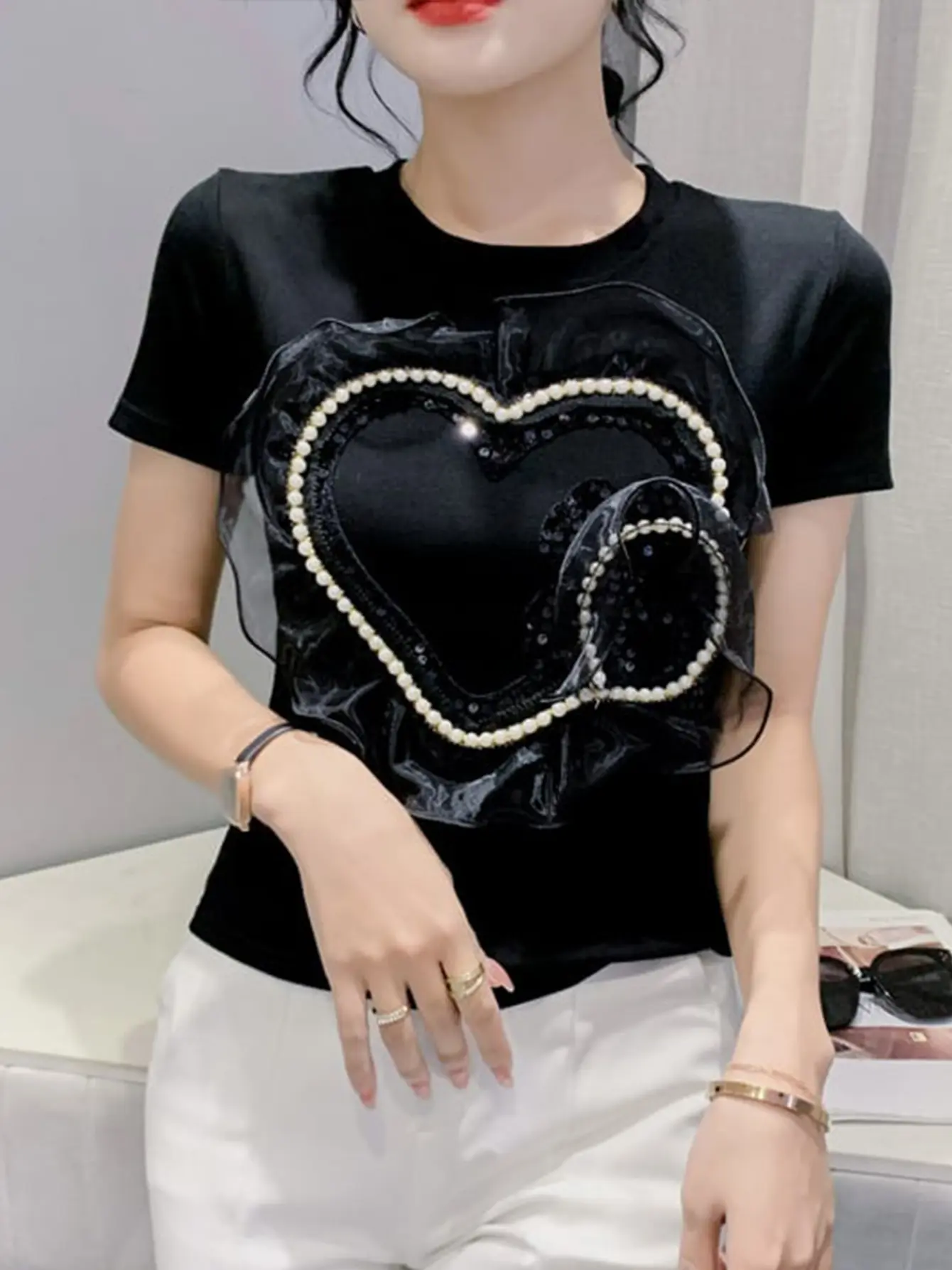 Women’s Black 3D Beaded Heart Appliqué T-Shirt gallery view