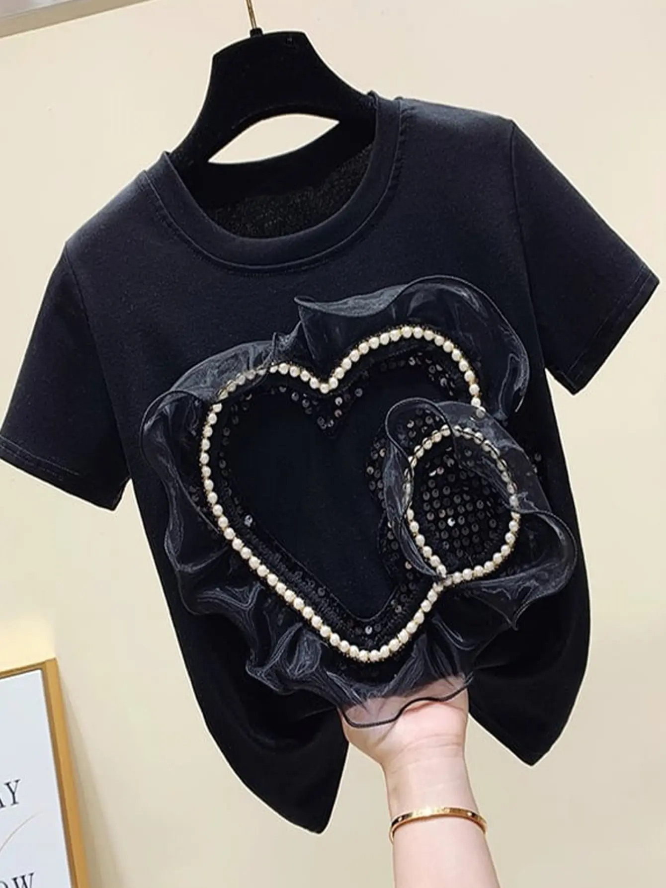 Women’s Black 3D Beaded Heart Appliqué T-Shirt gallery view