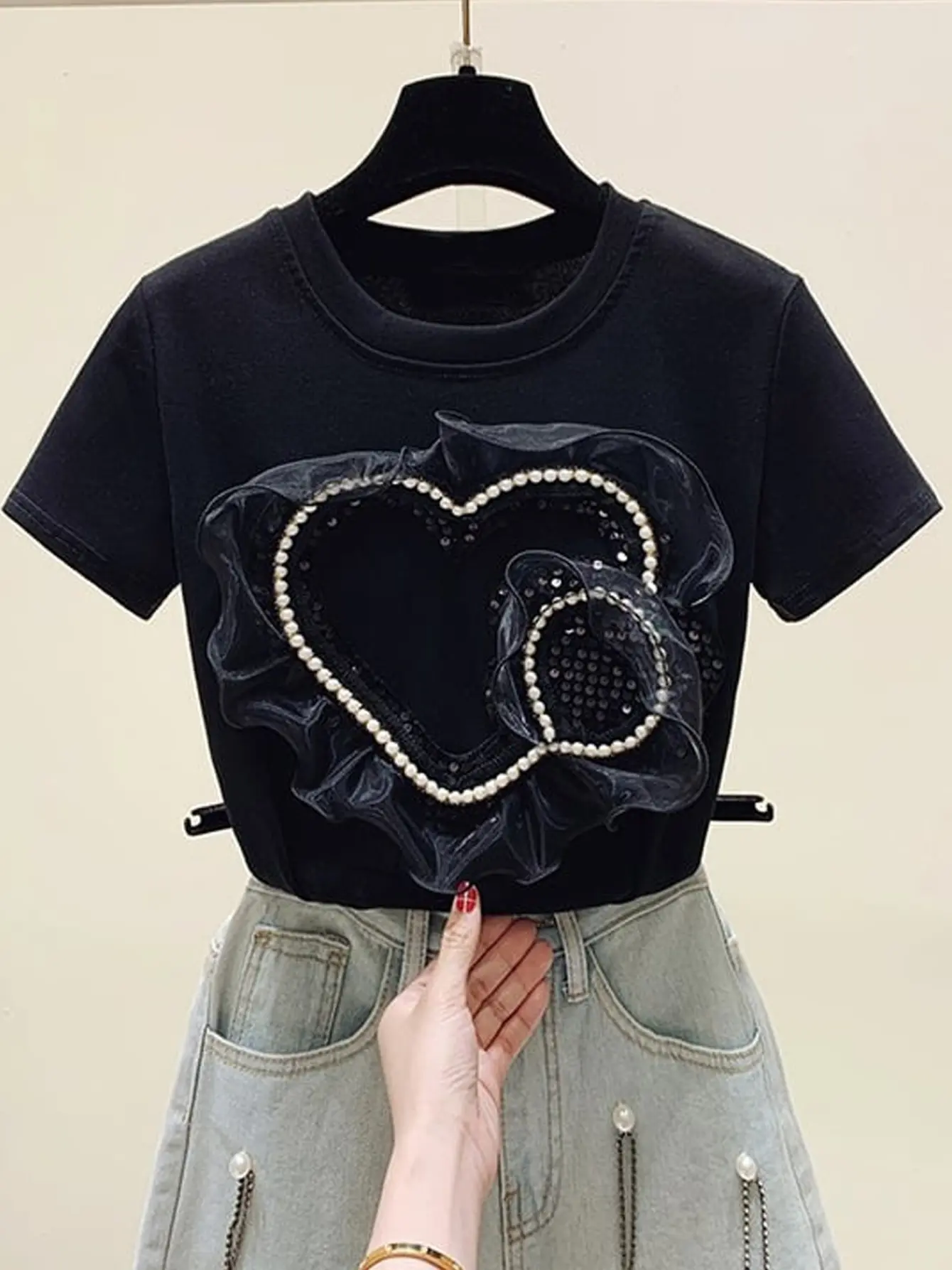 Women’s Black 3D Beaded Heart Appliqué T-Shirt gallery view