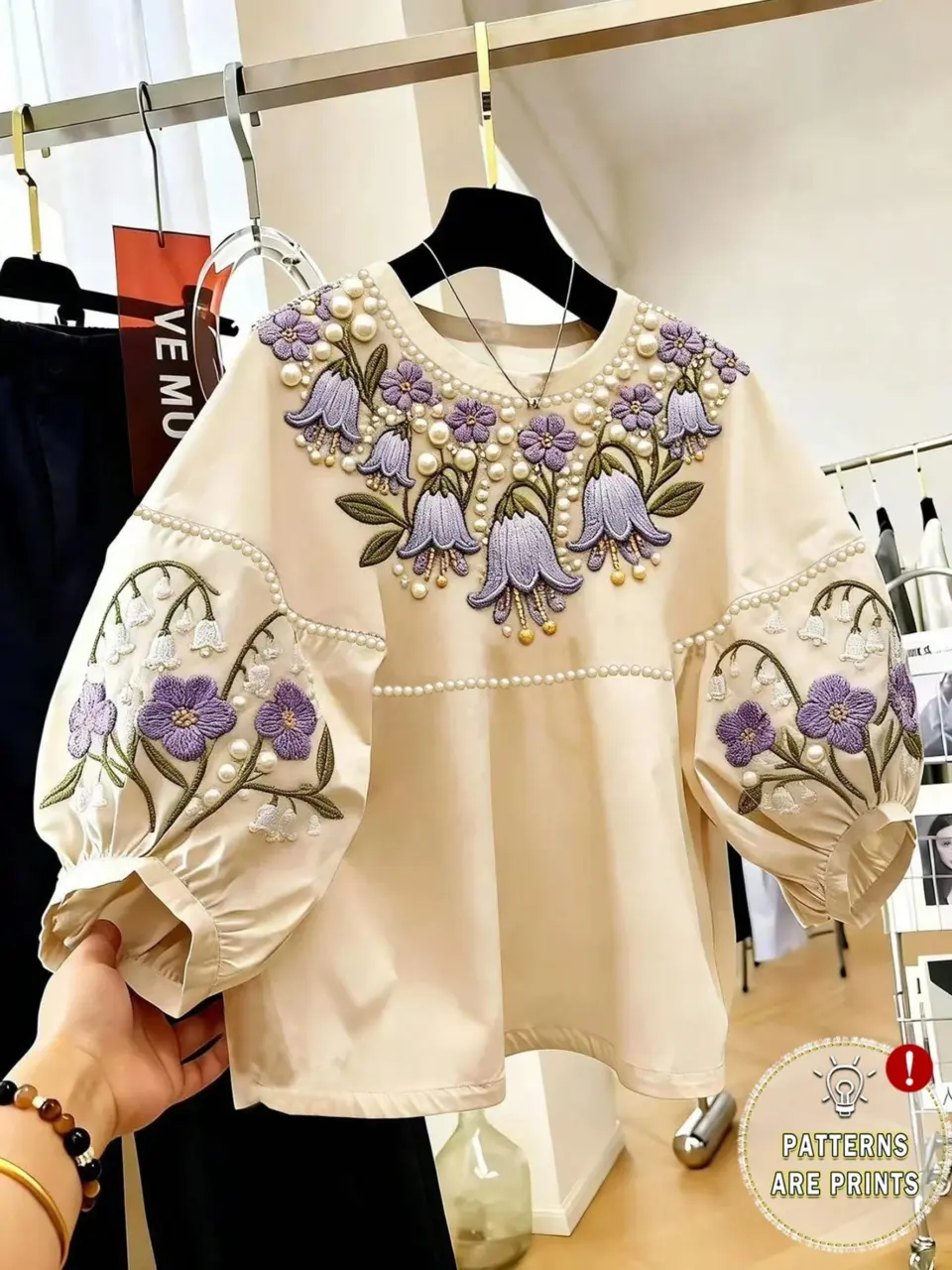 Women's Botanical Print Petal Sleeve Crew Neck Top