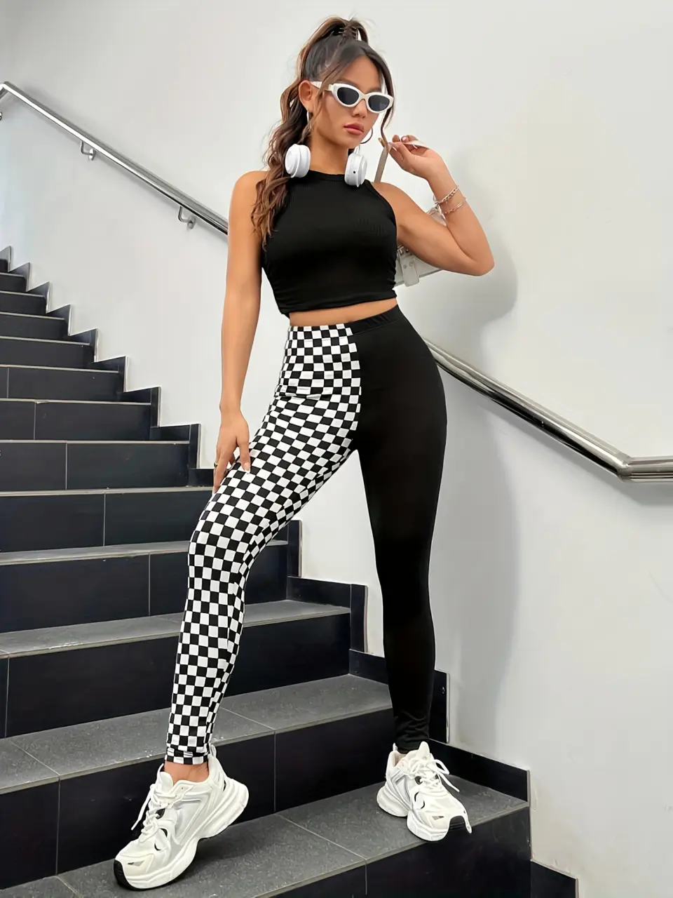 Women's Black and White Plaid High-Rise Stretch Leggings