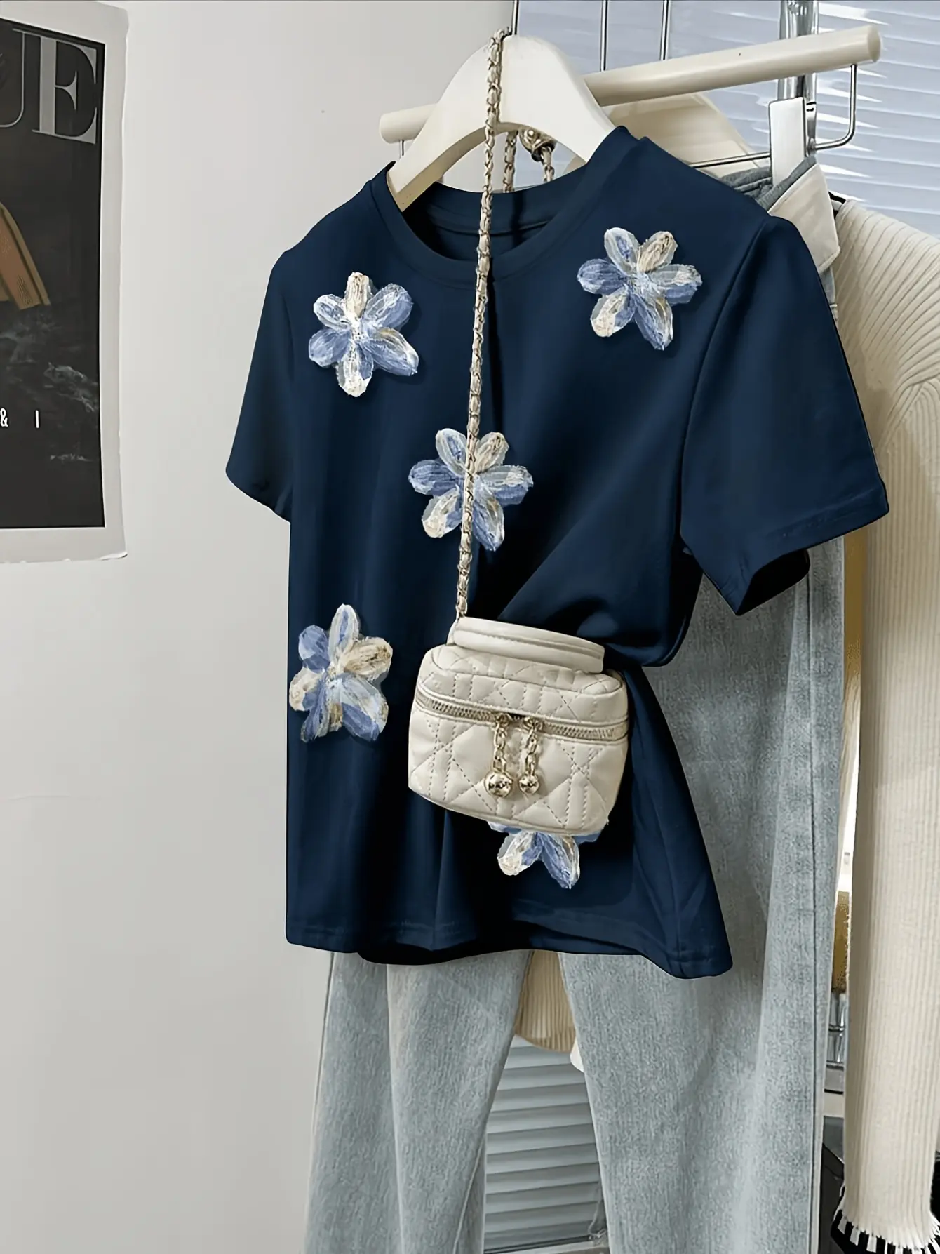 Women’s Royal Blue 3D Floral Appliqué T-Shirt gallery view