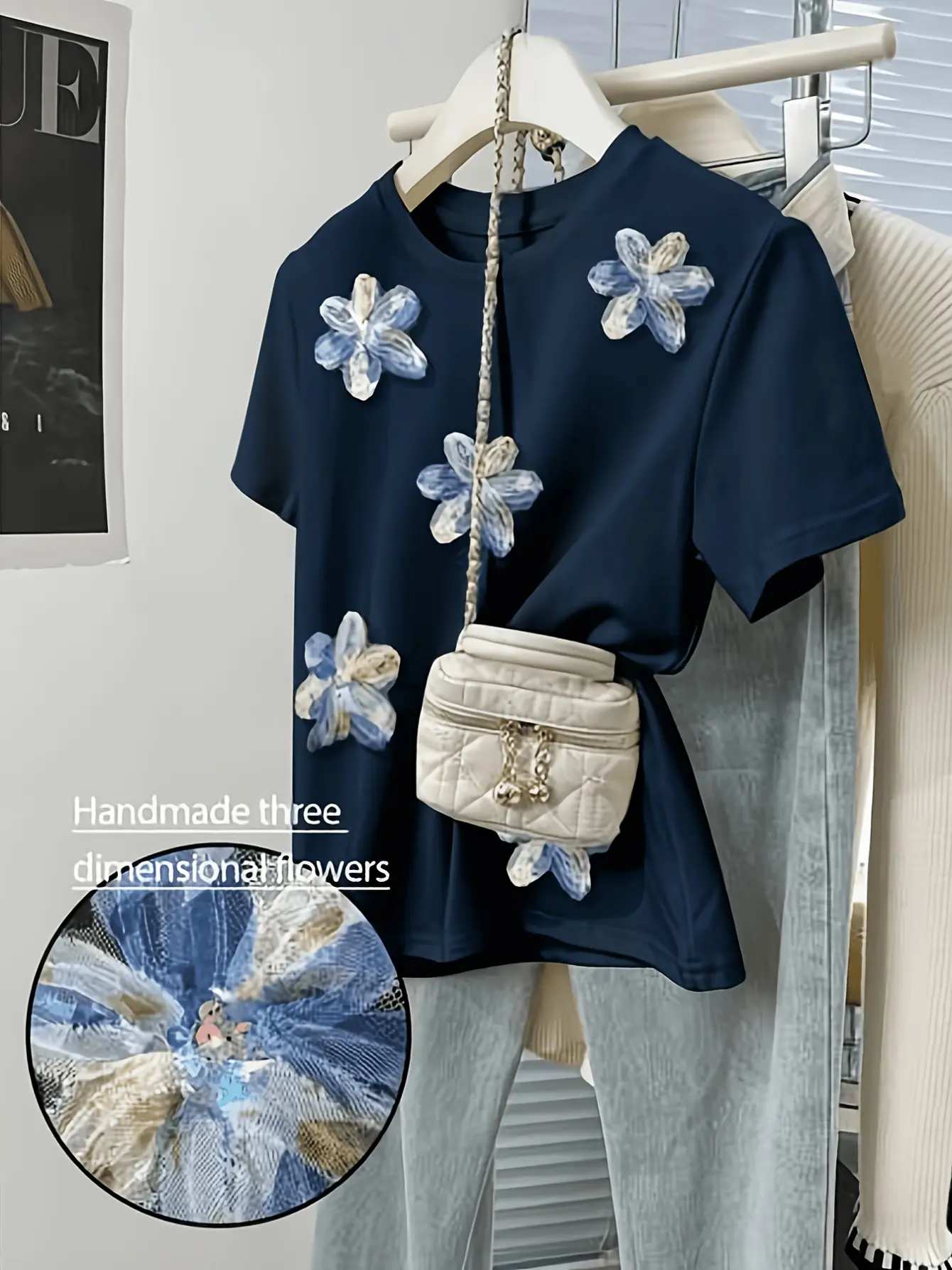 Women’s Royal Blue 3D Floral Appliqué T-Shirt gallery view