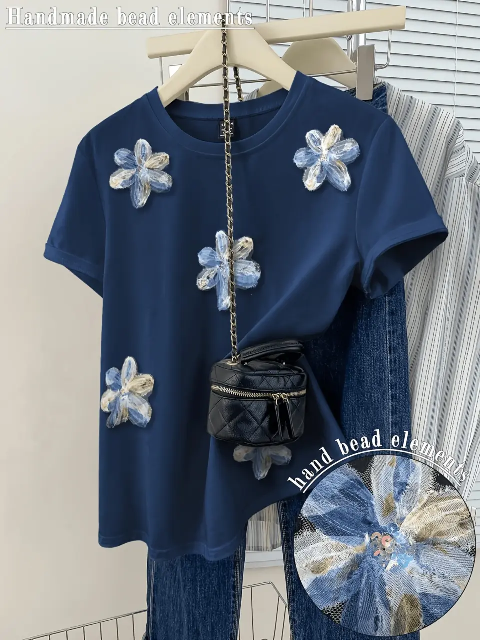Women's Royal Blue 3D Floral Appliqué T-Shirt