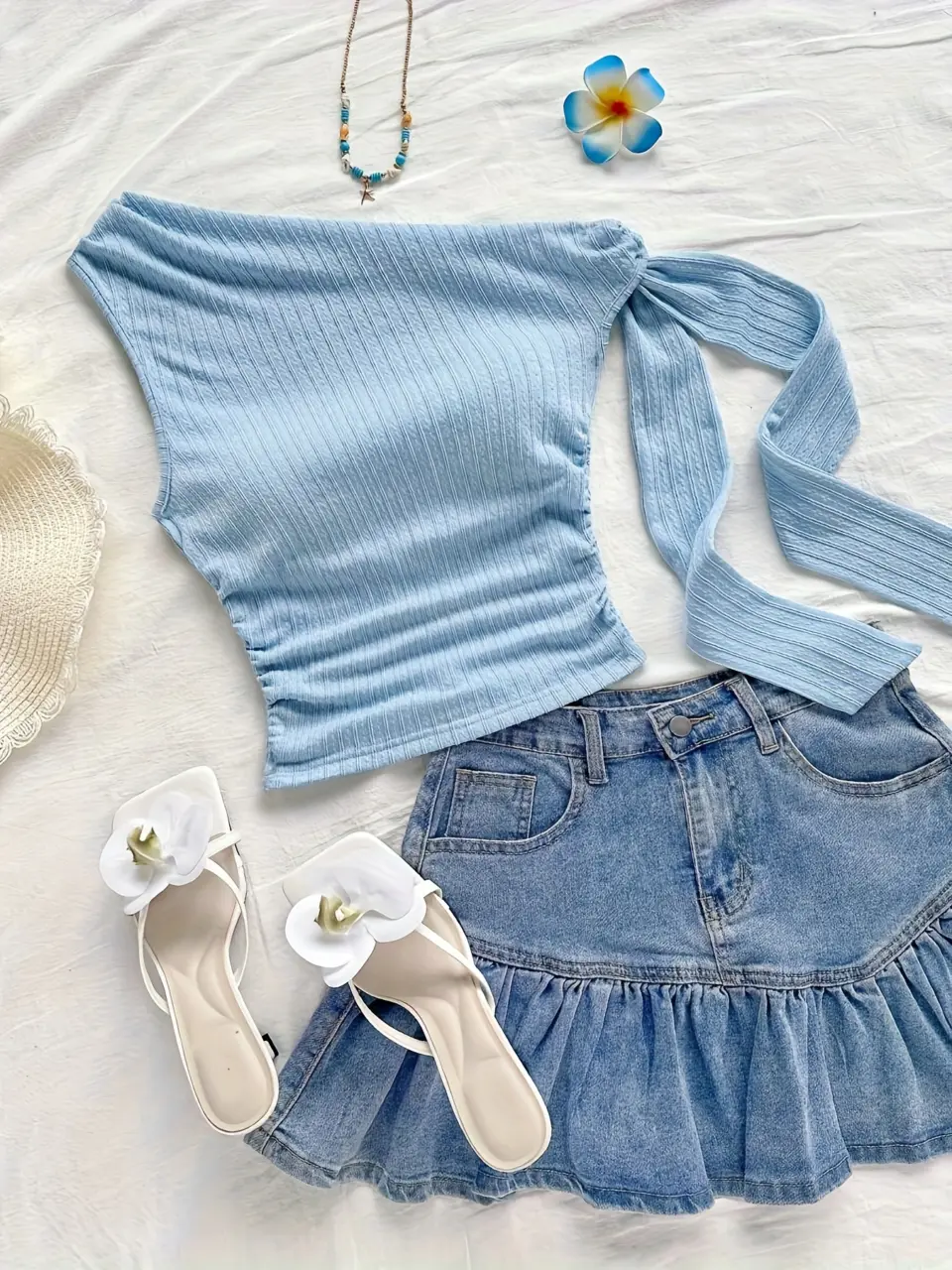 Women's Blue One-Shoulder Tie-Strap Top