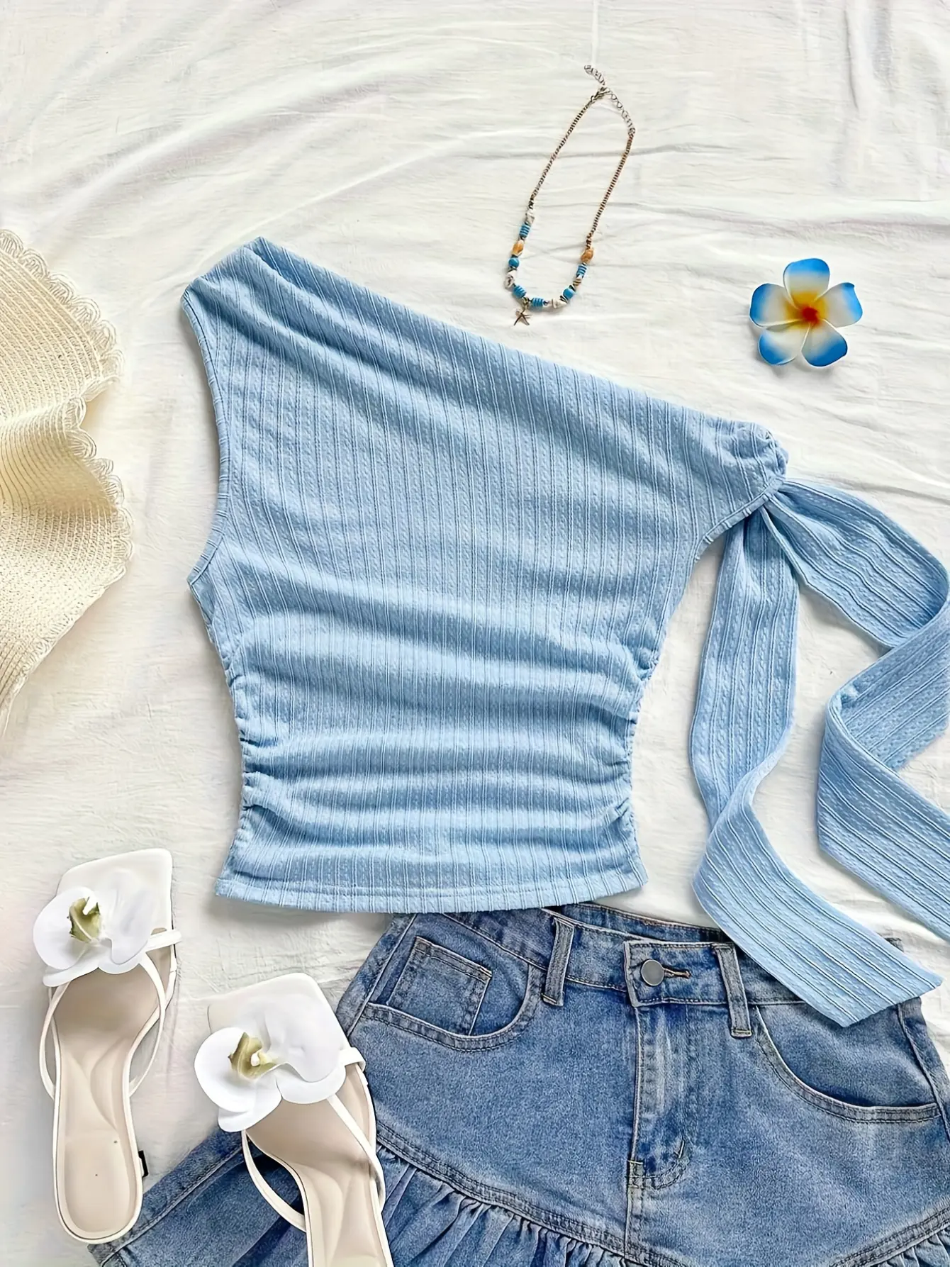 Women’s Blue One-Shoulder Tie-Strap Top gallery view