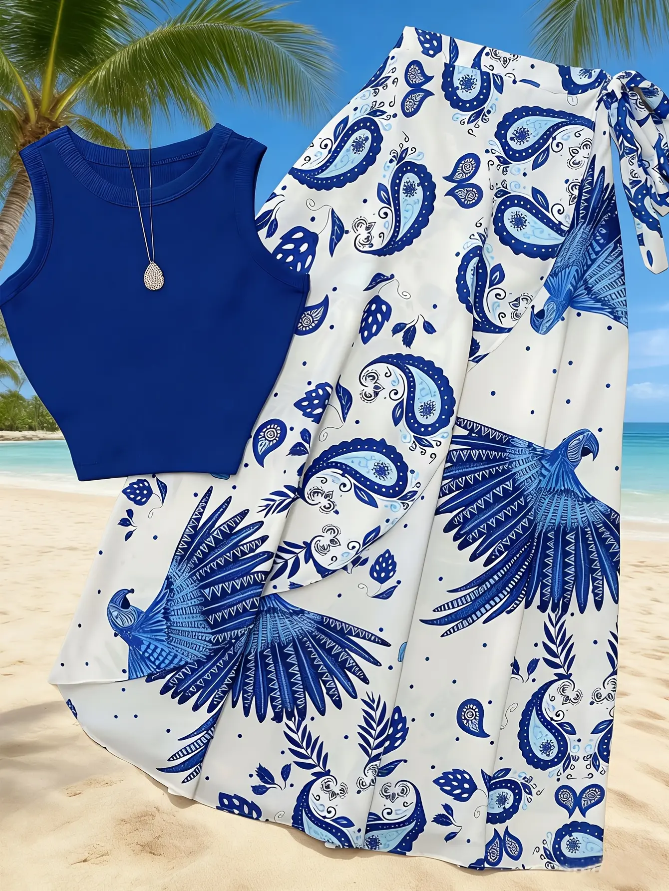 Women’s blue tie-front tank top and paisley skirt set at the beach
