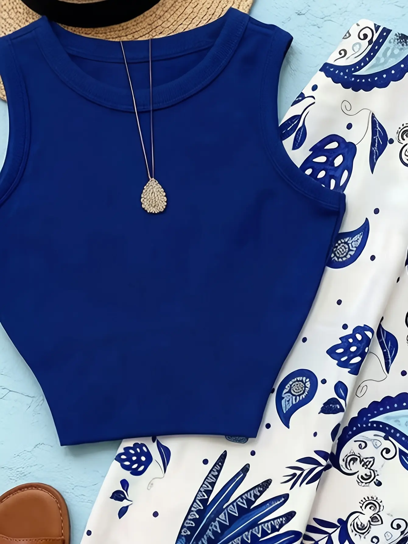Women’s blue tie-front tank top detail
