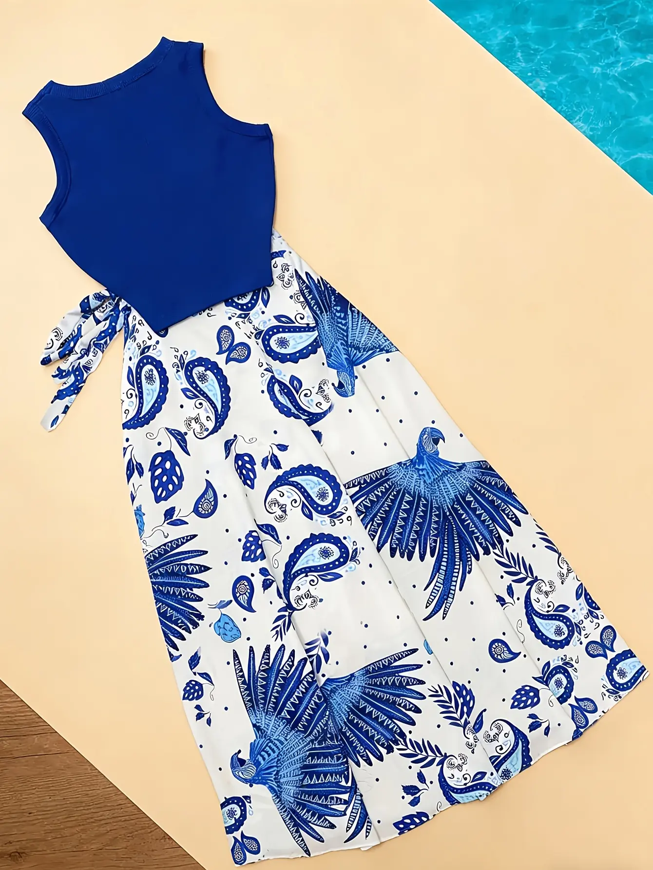Women’s blue tie-front tank top and paisley skirt set