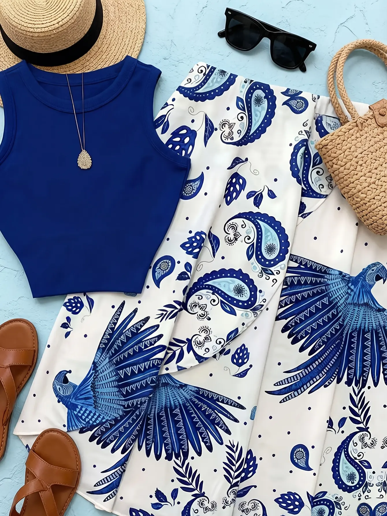 Women’s blue tie-front tank top and paisley skirt set flat lay