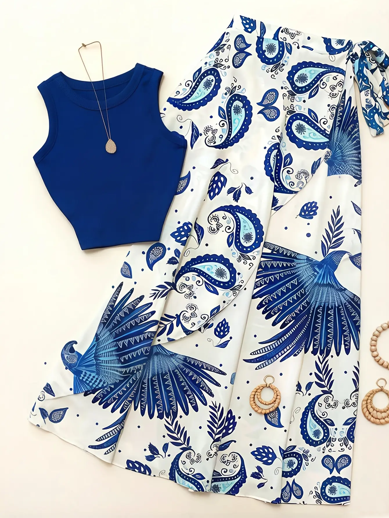 Women's Tie-Front Tank Top and Paisley A-Line Skirt Set
