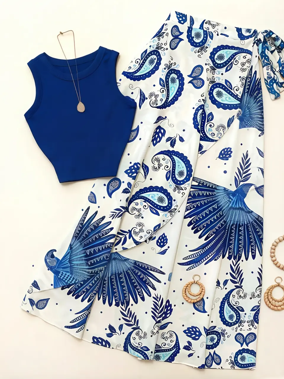 Women's Tie-Front Tank Top and Paisley A-Line Skirt Set