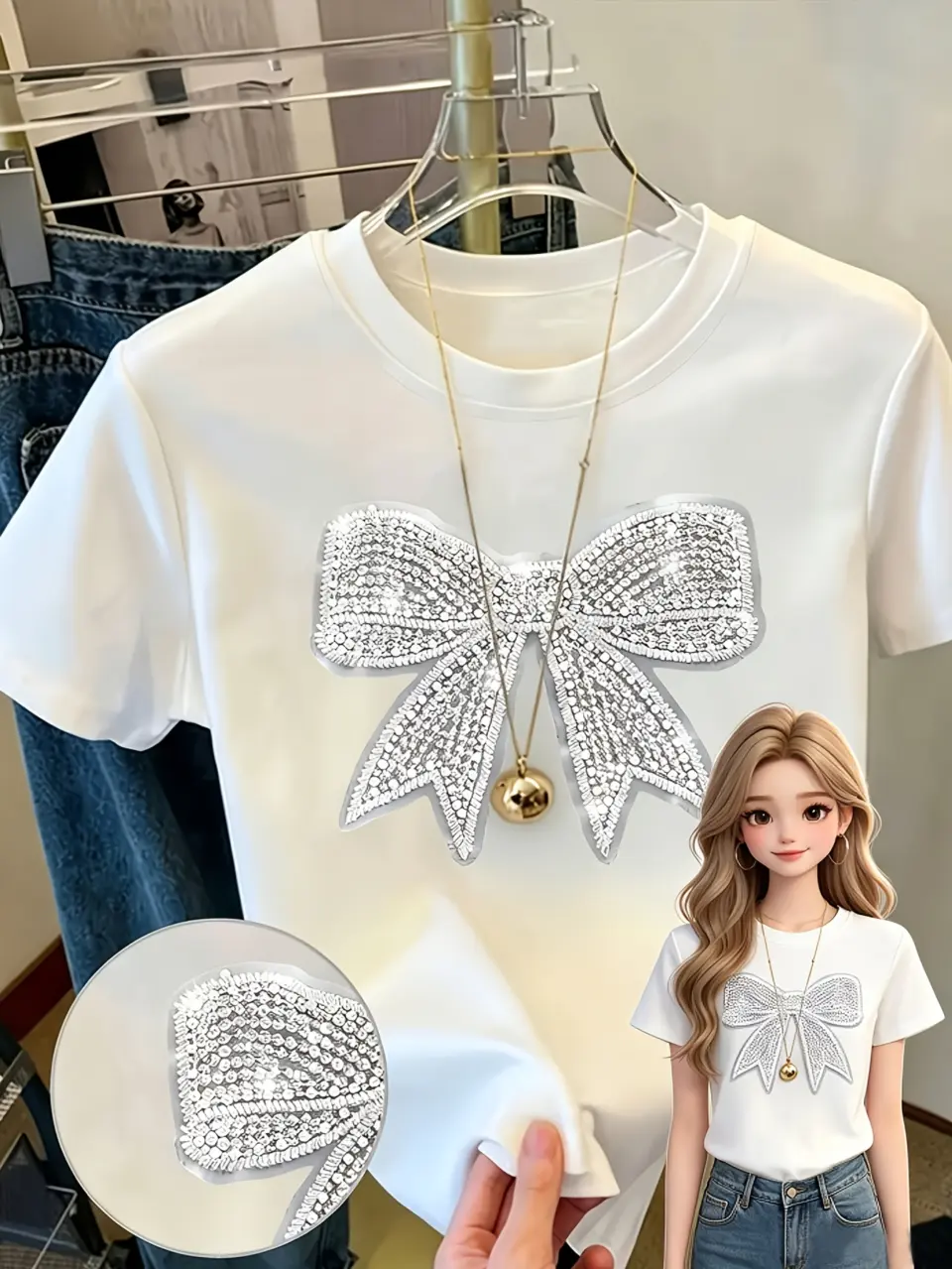 Women’s Sequin Bow Crew-Neck T-Shirt