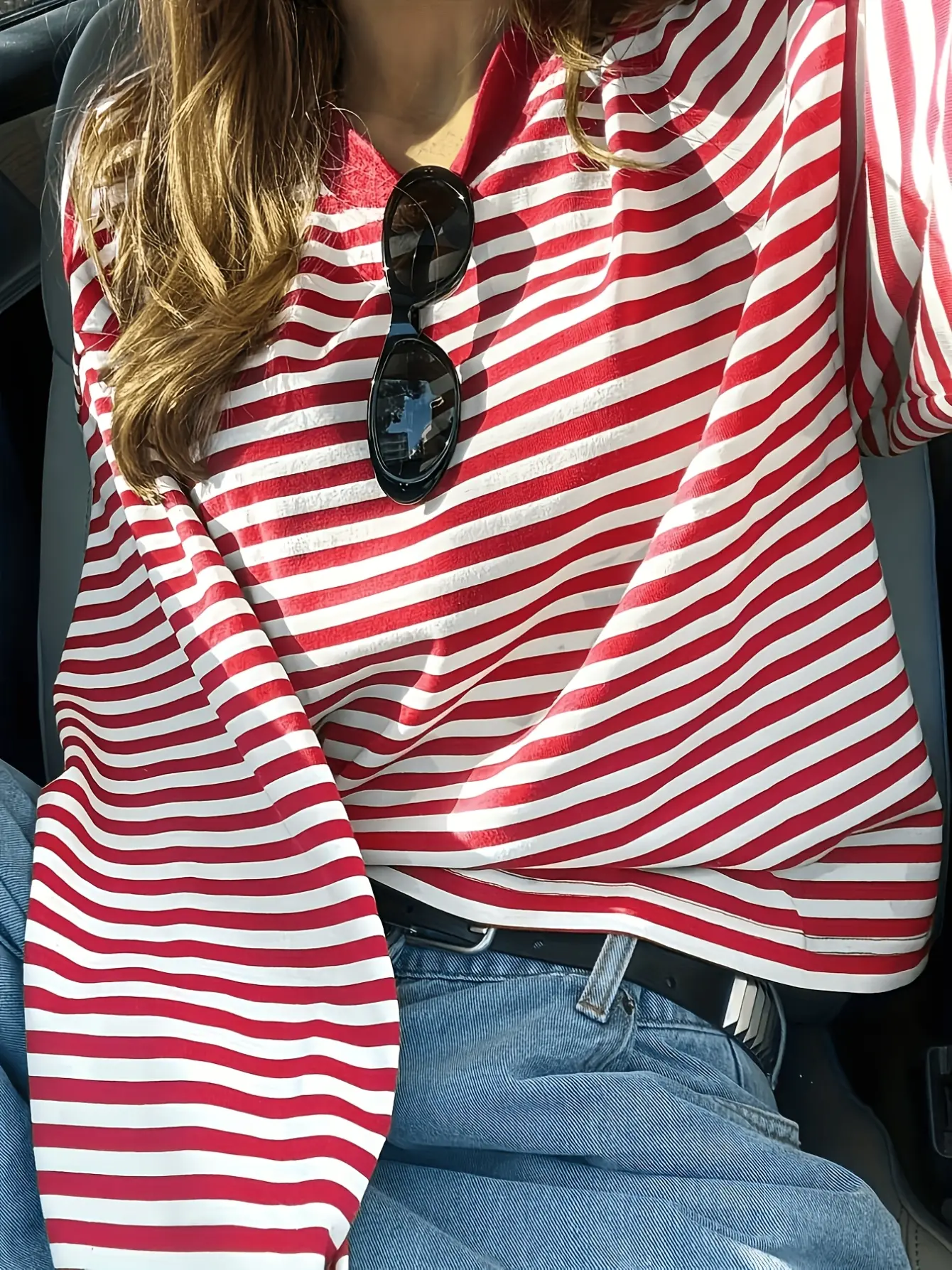 Women’s red striped drop-shoulder T-shirt on model