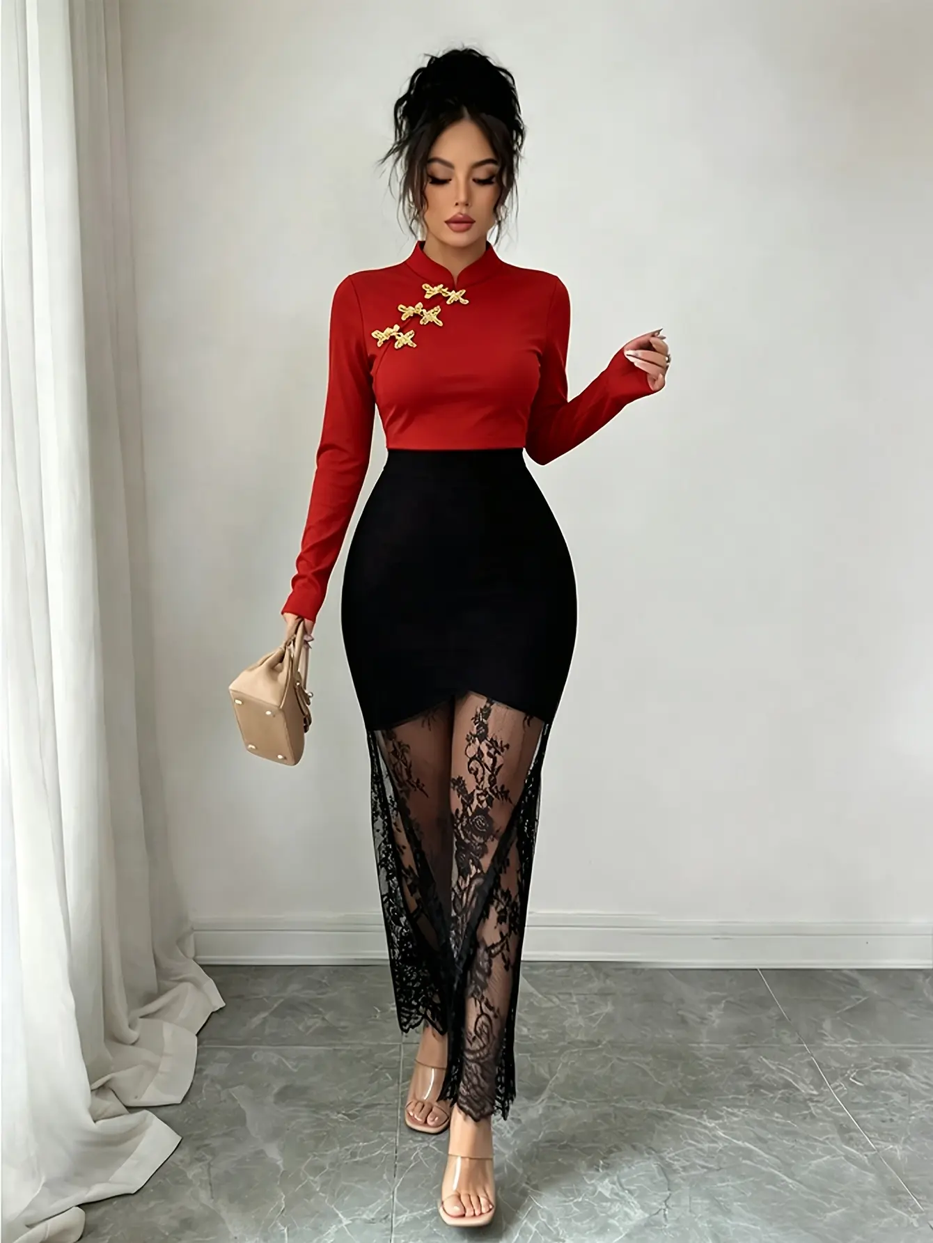 Women’s red mandarin-collar top with gold frog closures on model