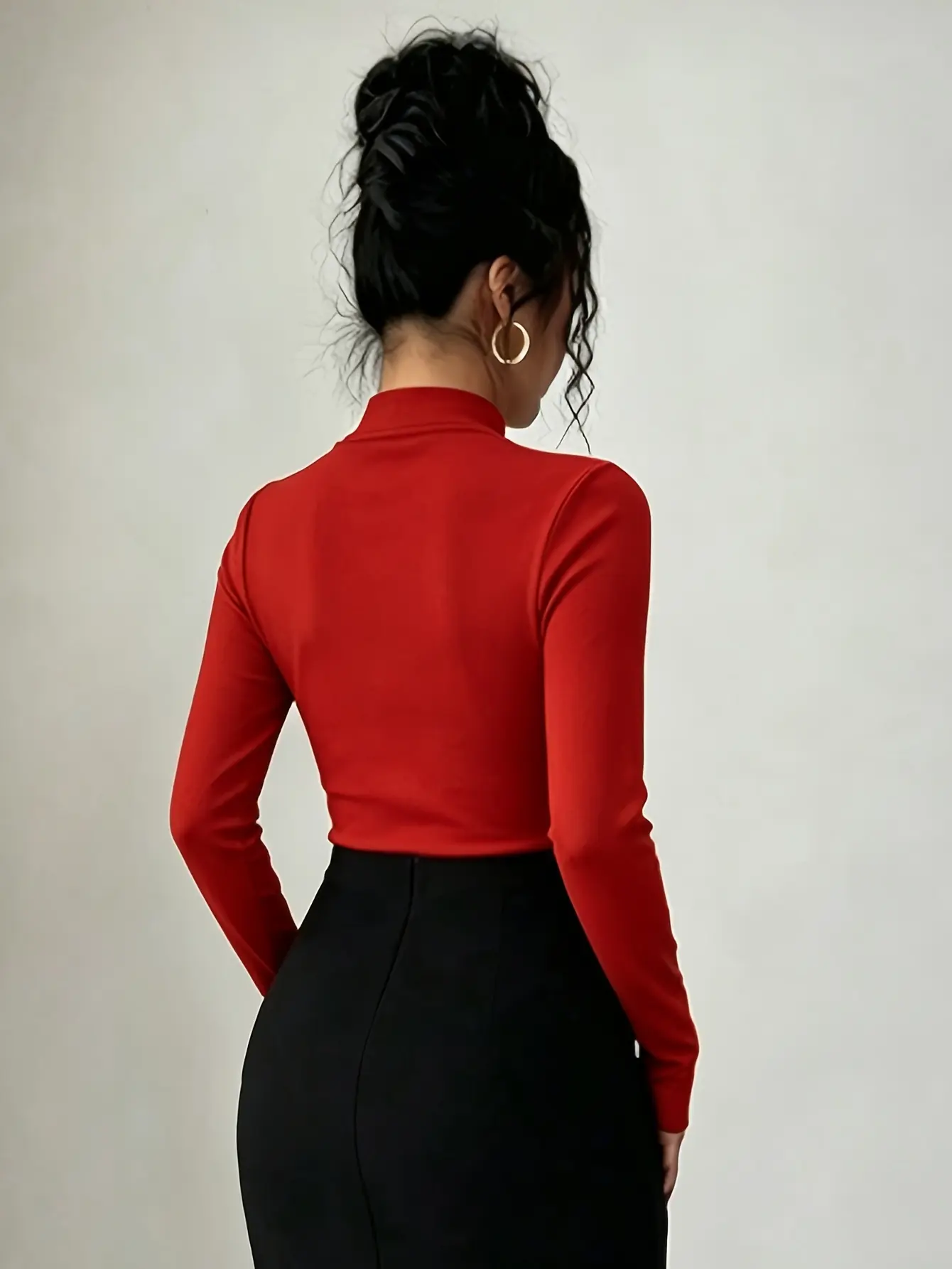 Women’s red mandarin-collar top back view
