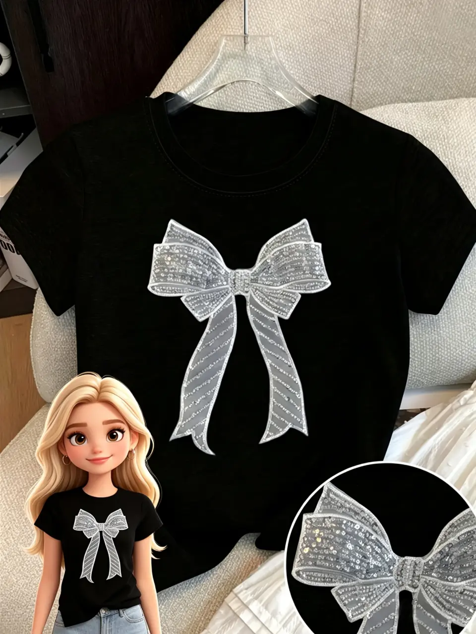 Women’s Sequin Bow Short-Sleeve T-Shirt