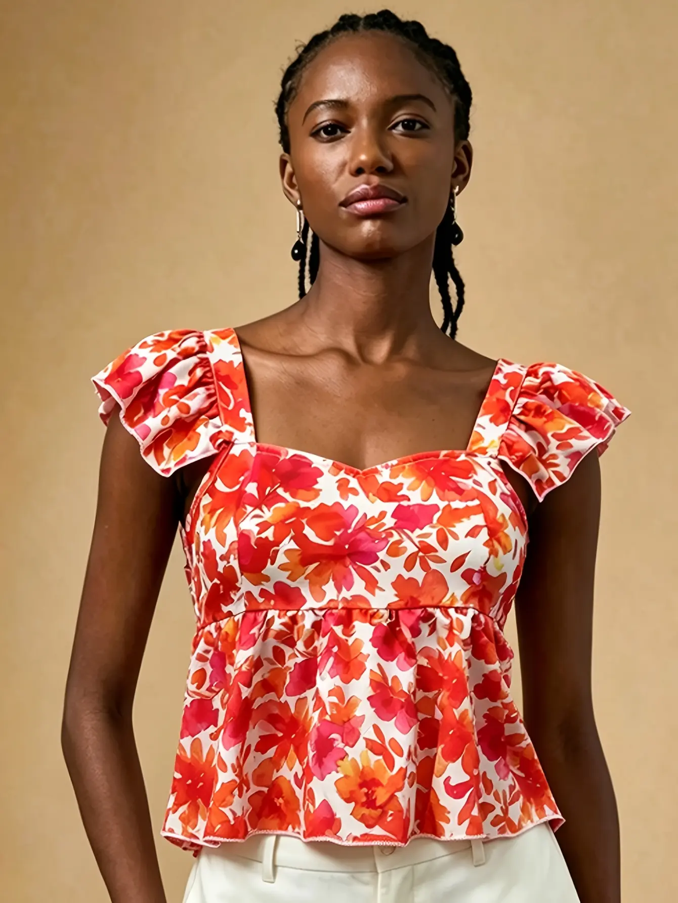 Women’s orange floral wide-strap ruffle top on model