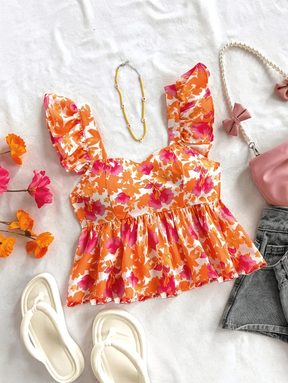 Women's Floral Print Wide-Strap Ruffle Top