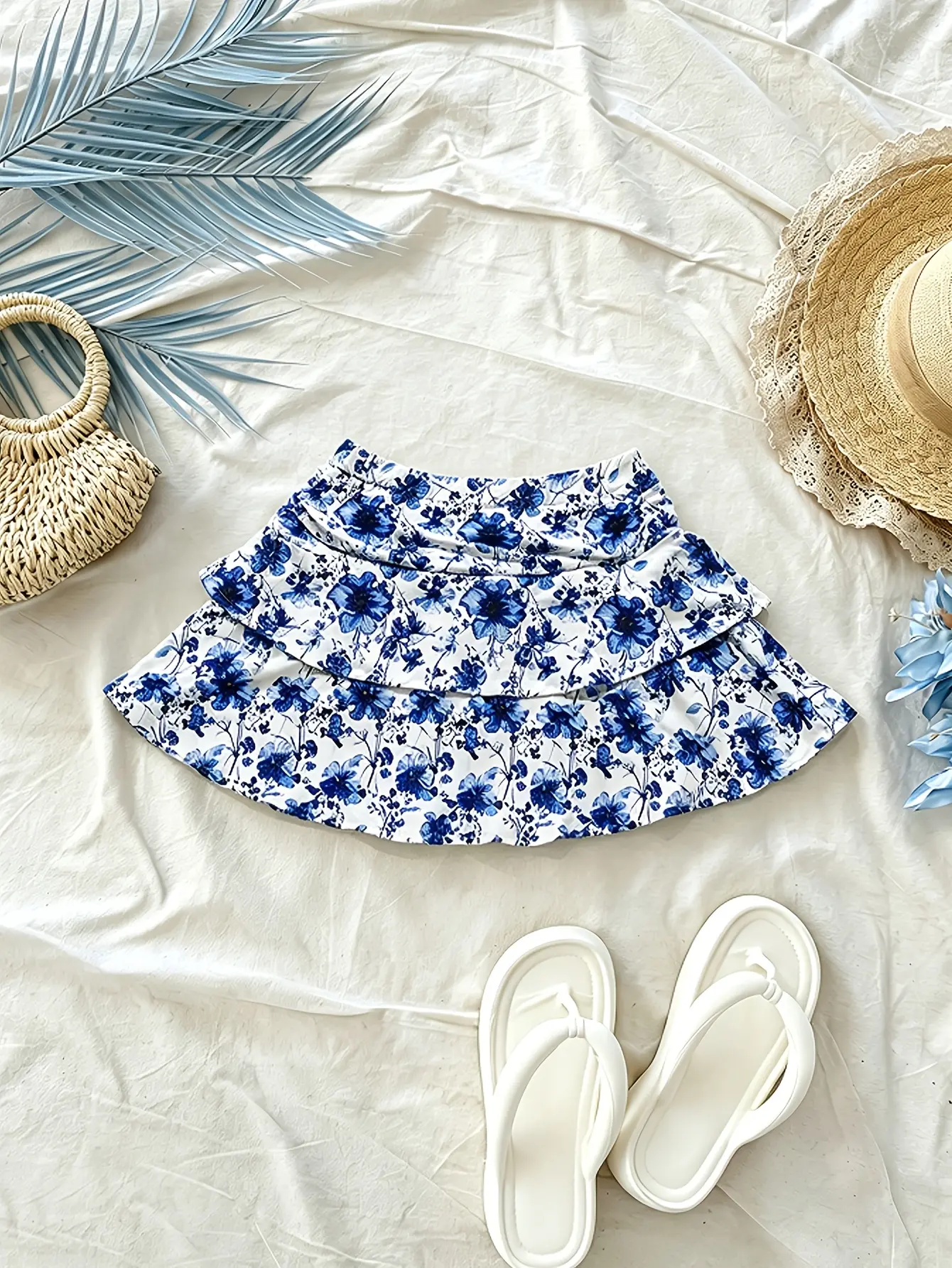 Women’s blue floral ruffle-tiered mini skirt styled flat lay