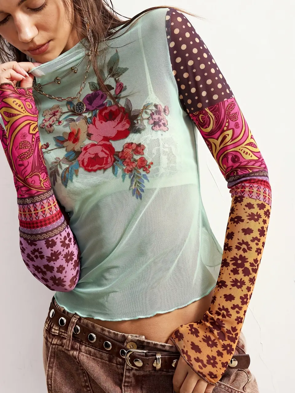 Women's Sheer Floral Polka-Dot Stretch Mesh Top