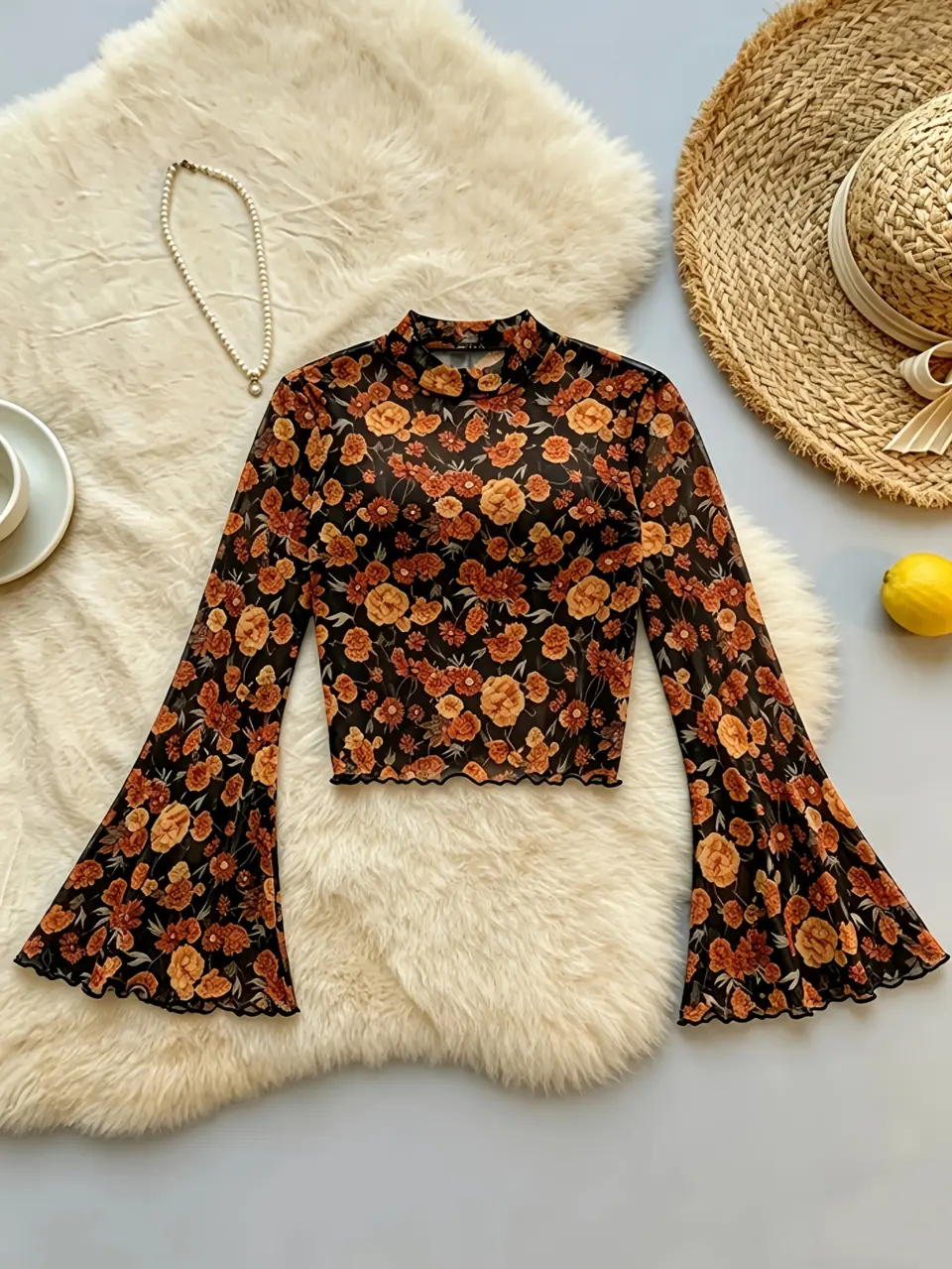 Women's Ditsy Floral Mock-Neck Bell-Sleeve Mesh Top