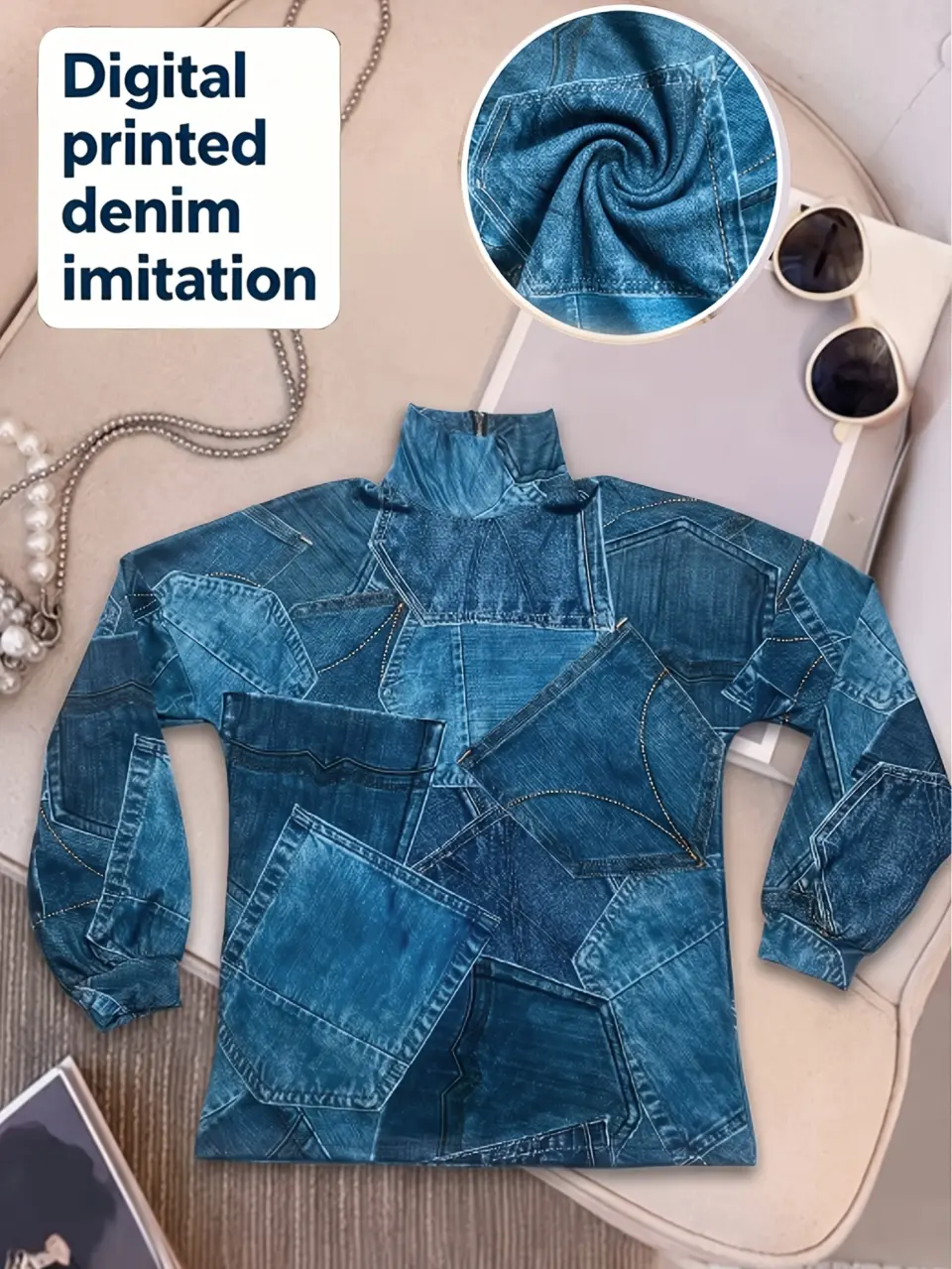 Women's Denim-Look Print High-Neck Long-Sleeve Top