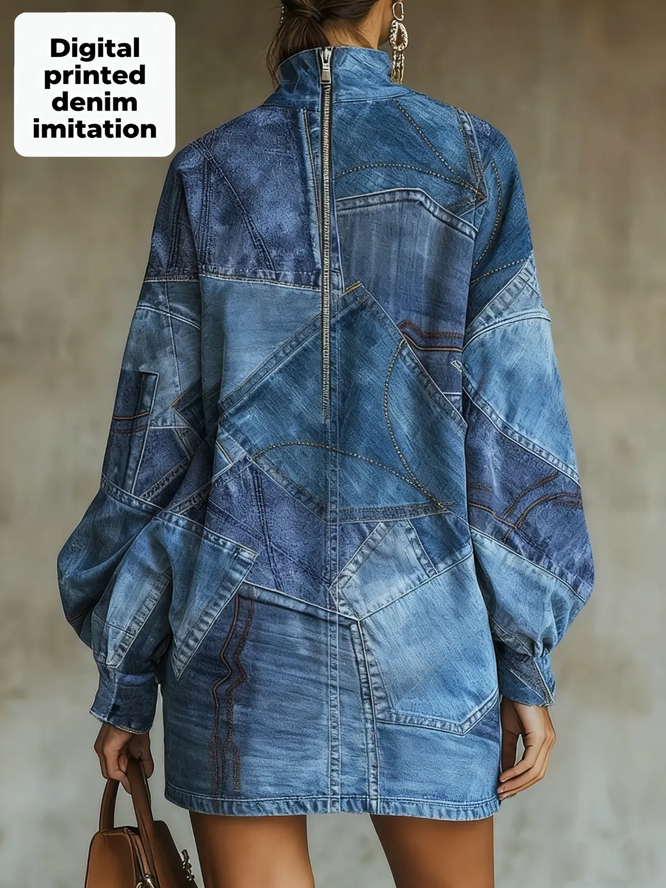 Back view of blue denim-print high-neck long-sleeve top