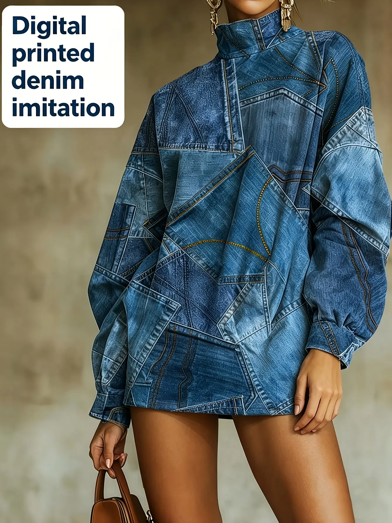 Model wearing blue denim-print high-neck long-sleeve top
