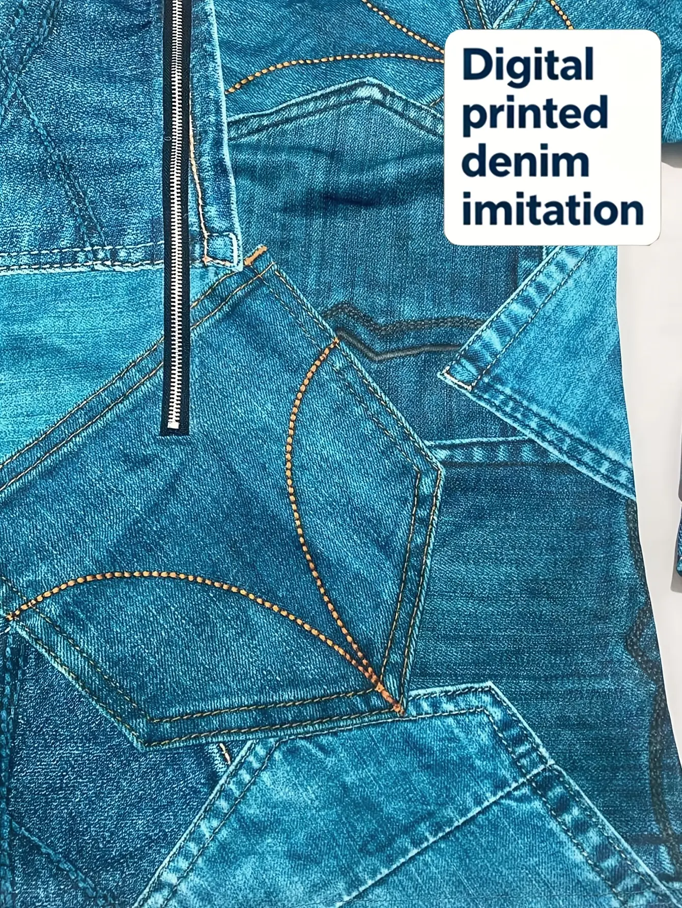 Close-up of blue denim-print fabric and zip