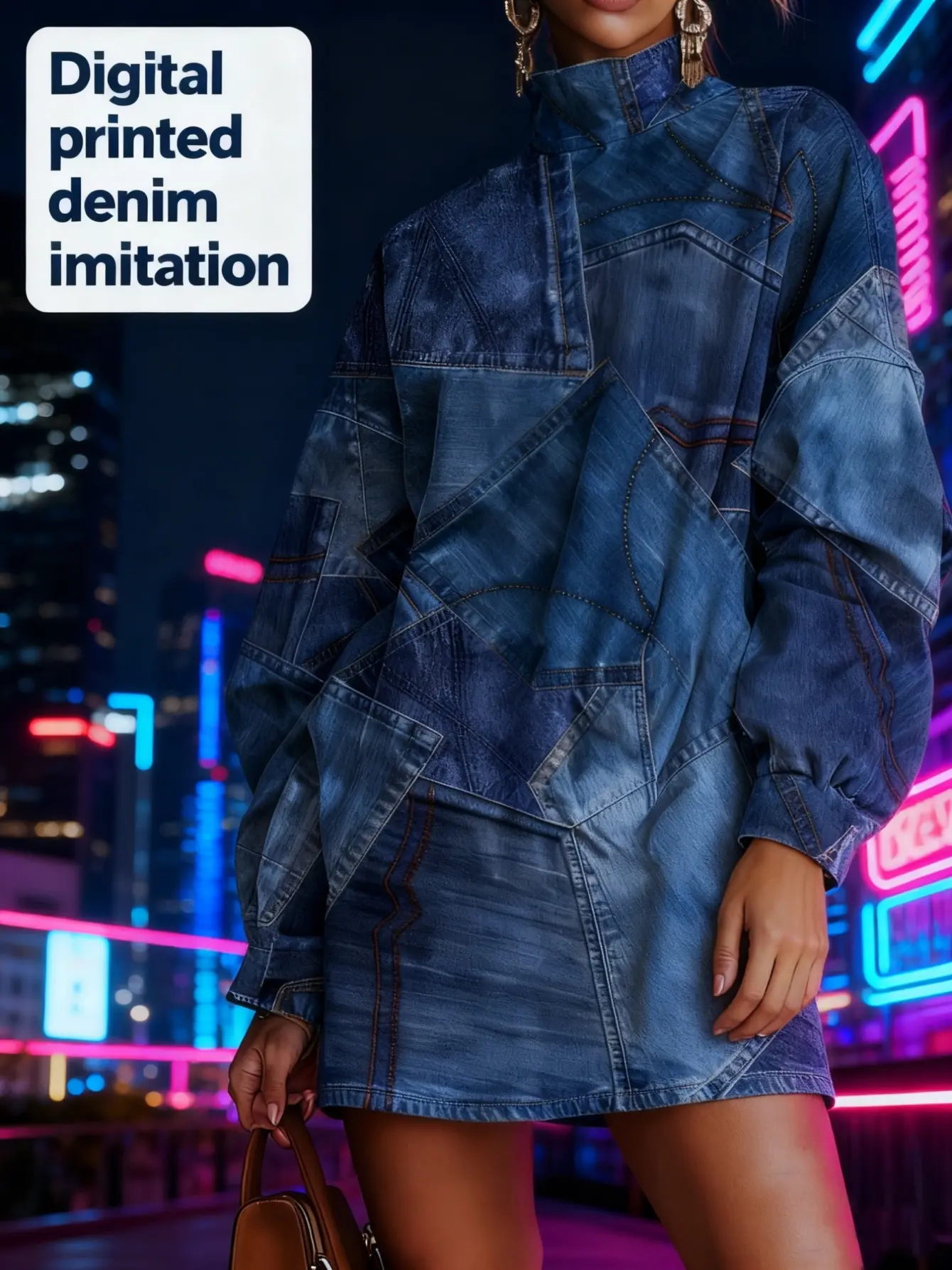 Model wearing blue denim-print high-neck long-sleeve top