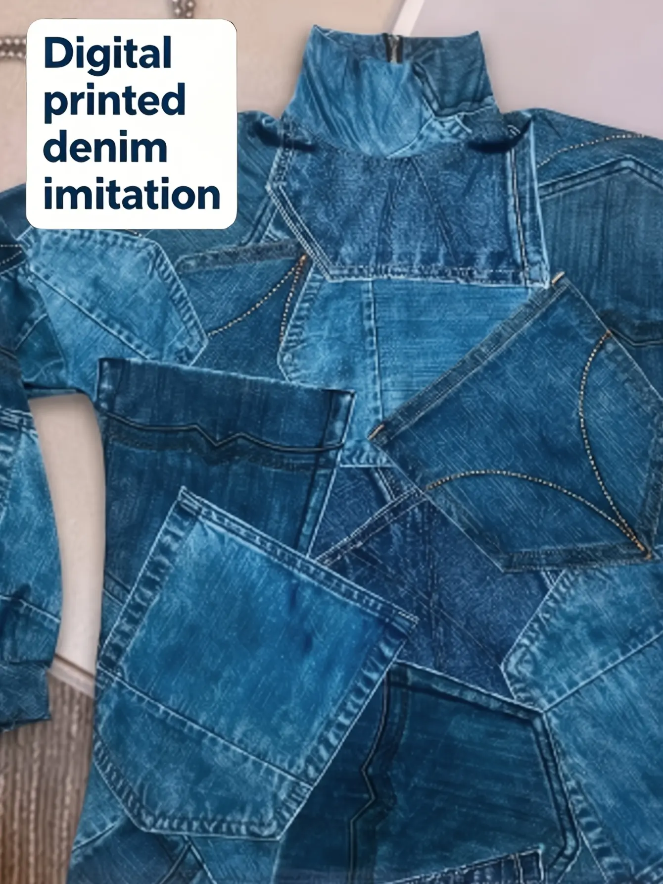 Close-up of blue patchwork denim-print top