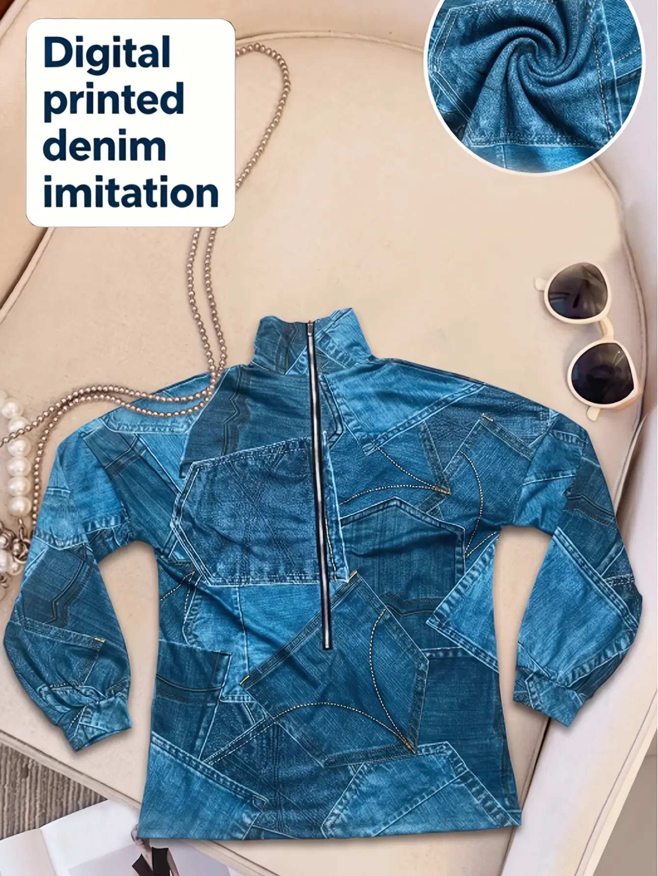 Blue denim-print high-neck long-sleeve top laid flat