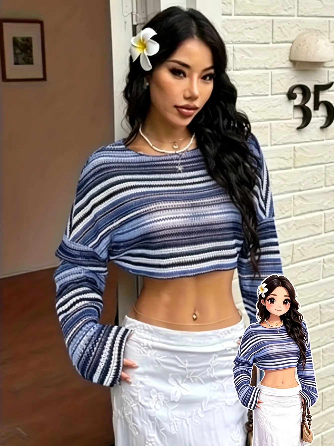 Model wearing blue striped crochet-knit bell-sleeve top