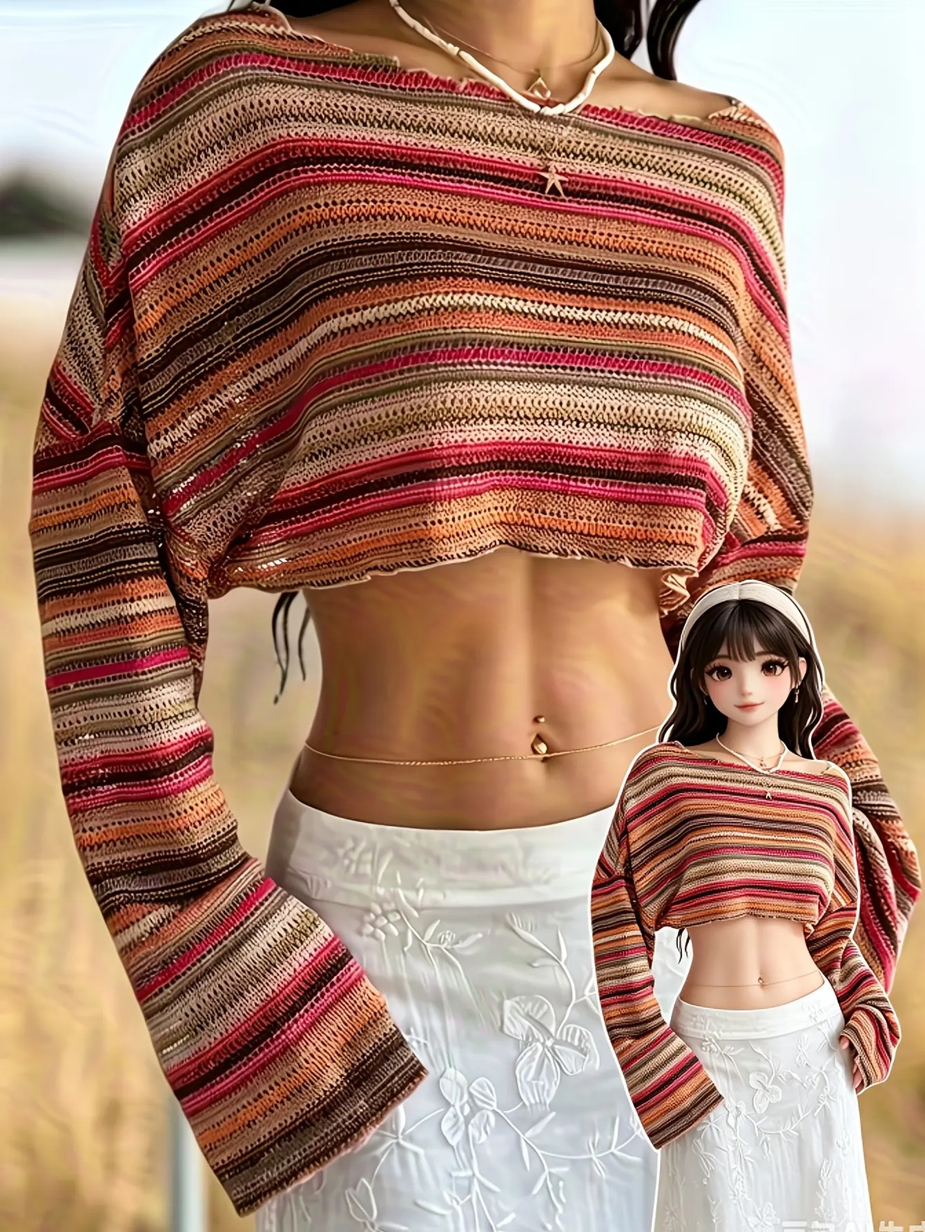 Women’s Boho Rainbow-Stripe Crochet-Knit Bell-Sleeve Top gallery view