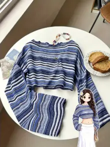 Women's Boho Rainbow-Stripe Crochet-Knit Bell-Sleeve Top