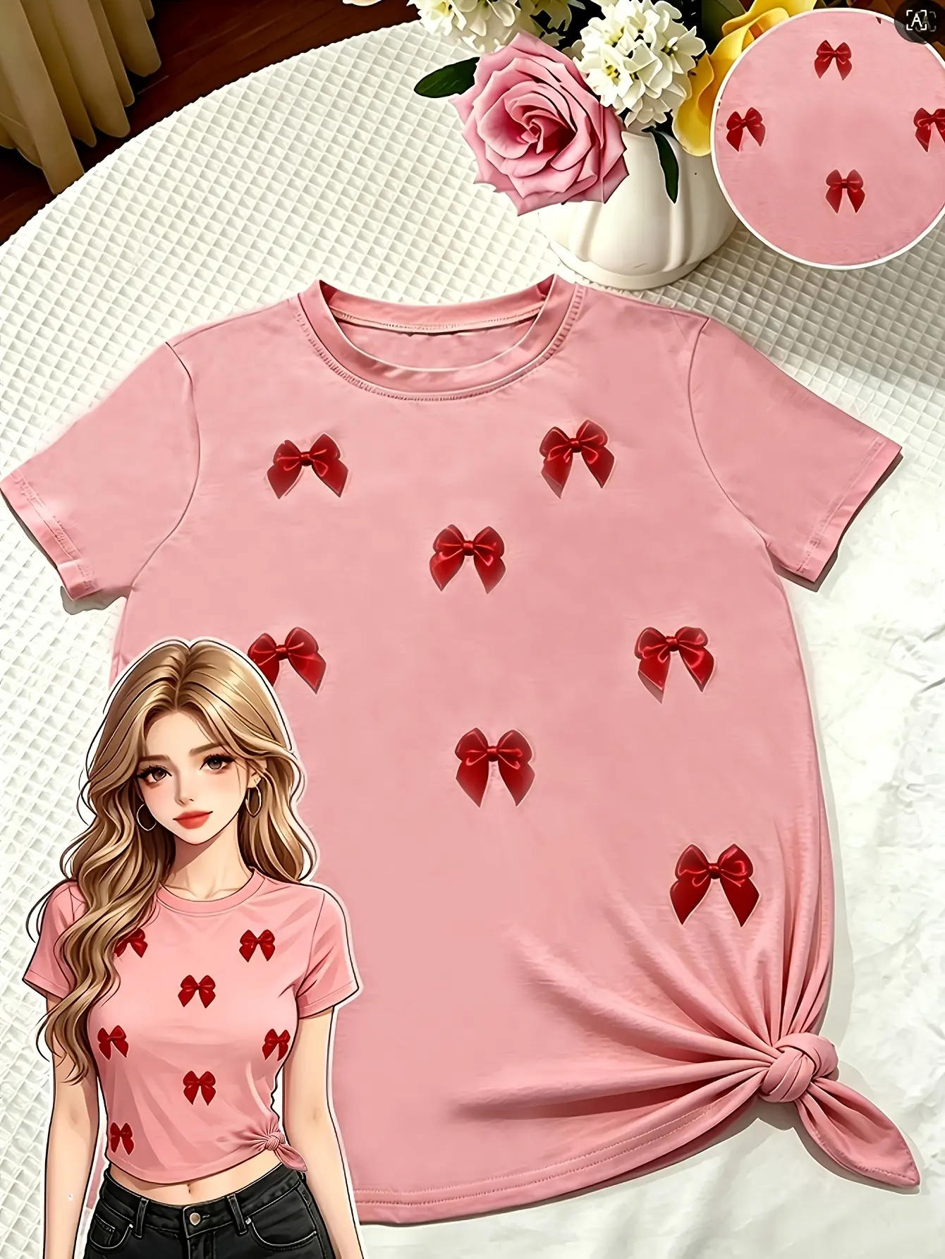 Women’s 3D Bow Appliqué Crew-Neck T-Shirt gallery view