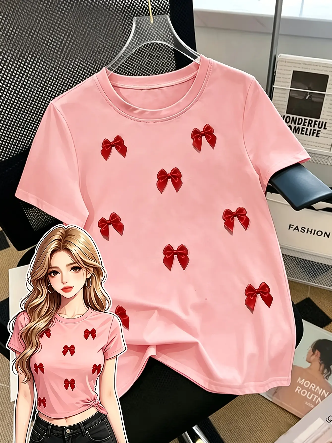 Women's 3D Bow Appliqué Crew-Neck T-Shirt