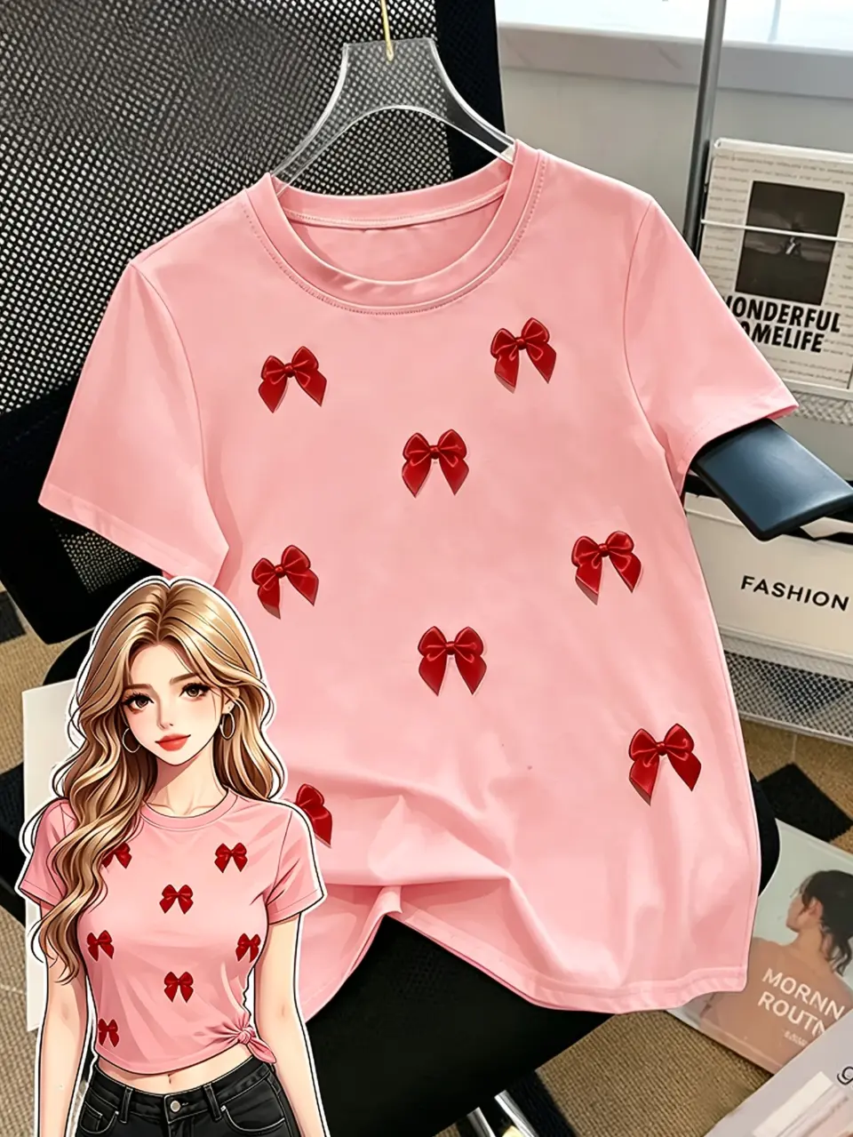 Women's 3D Bow Appliqué Crew-Neck T-Shirt
