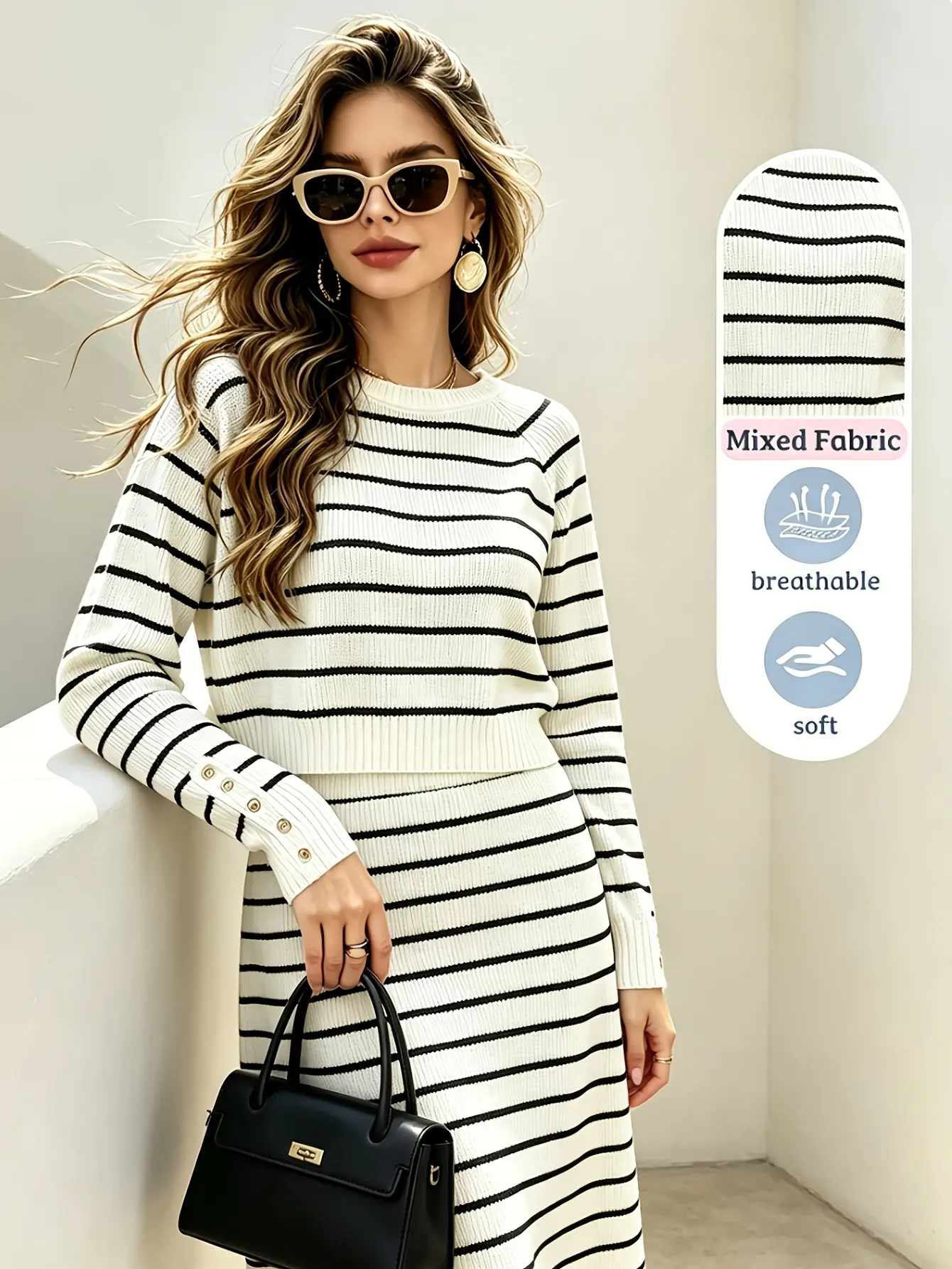 Model wearing white striped knit top and maxi skirt set