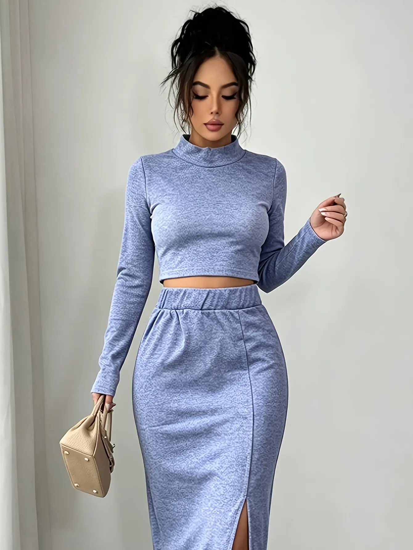 Women's Mock-Neck Crop Top and Slit Midi Skirt Set