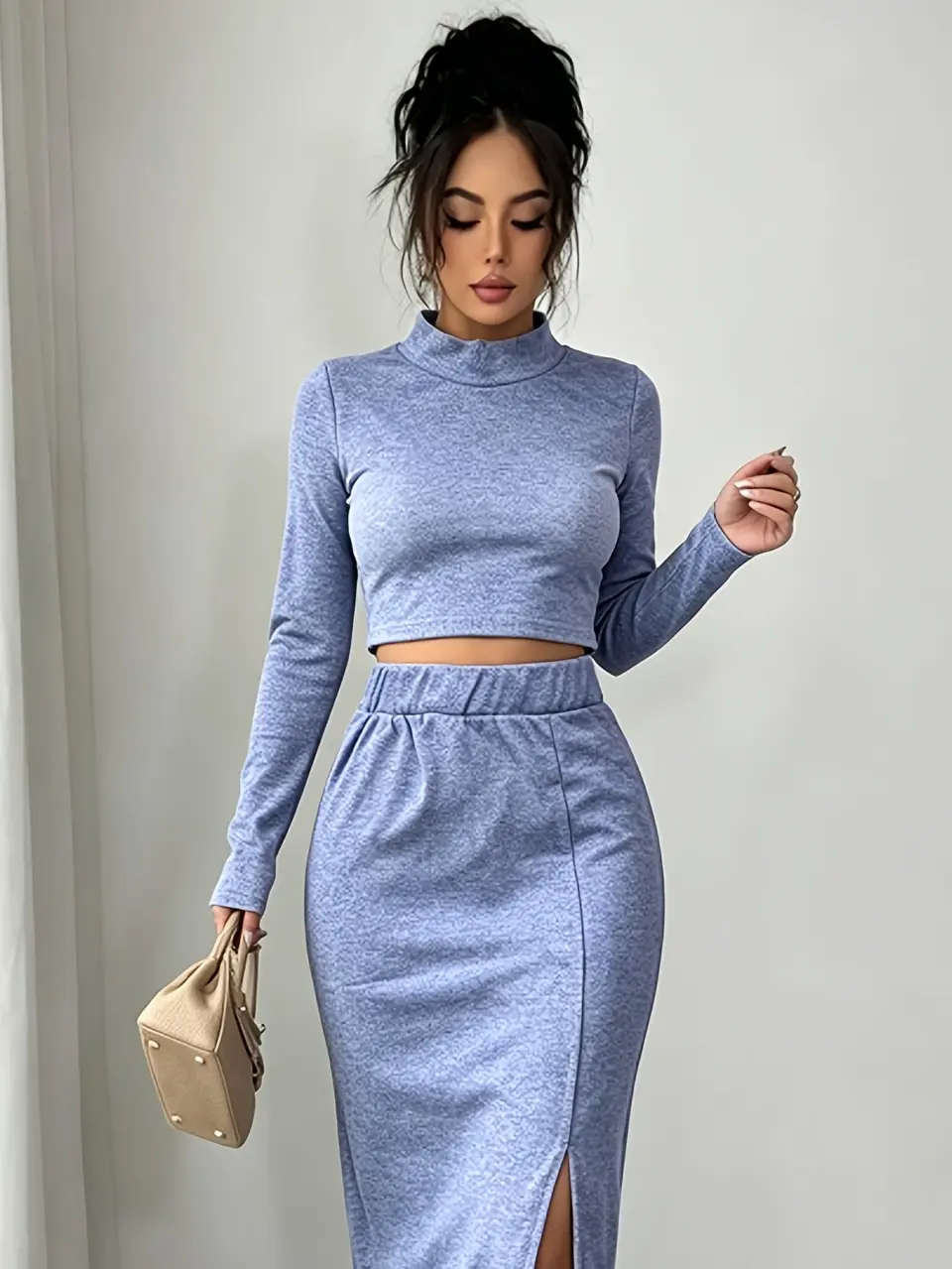 Women’s Mock-Neck Crop Top and Slit Midi Skirt Set